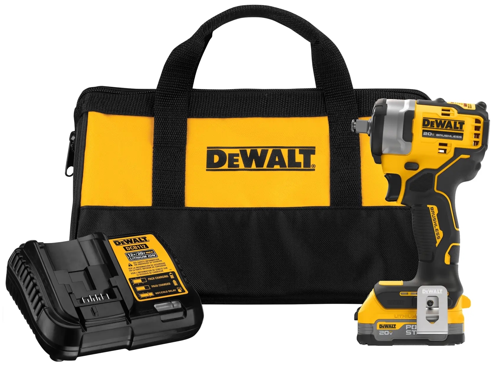 A DEWALT cordless impact wrench kit, including a yellow and black tool bag, a battery charger, and a 20V brushless impact wrench with battery.