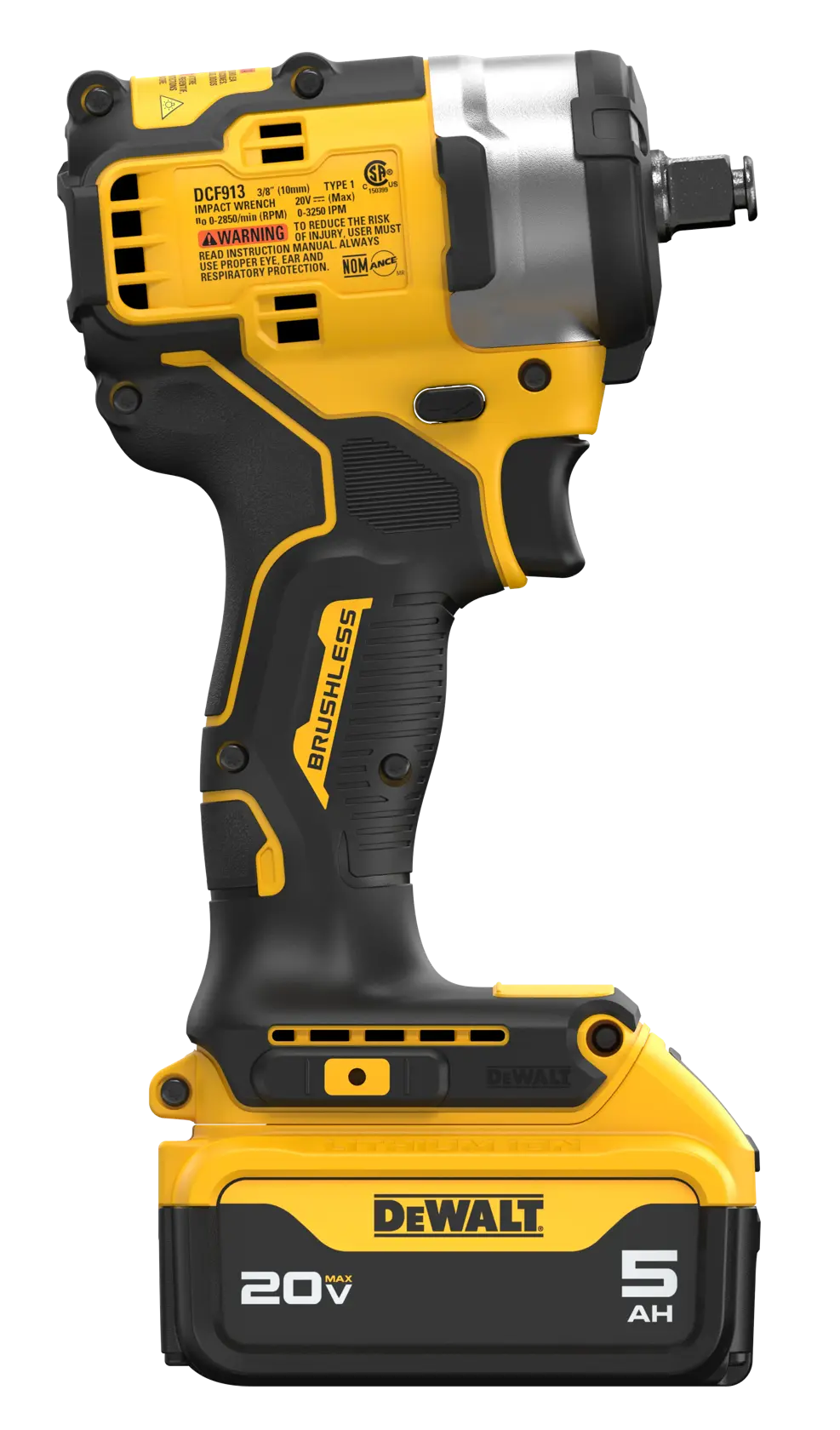 Side view of a DEWALT 20V MAX XR brushless cordless impact wrench, model DCF911P2, with a 5Ah battery attached. The tool features a black and yellow design and is tailored for heavy-duty fastening applications.