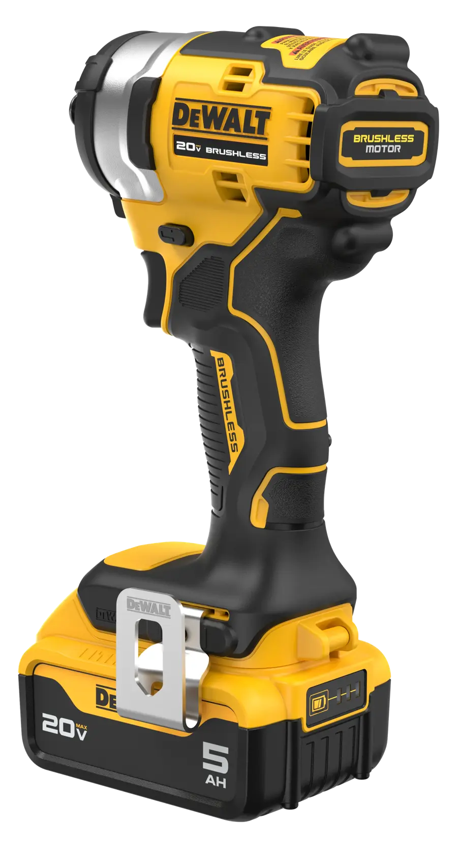 A DEWALT 20V brushless cordless impact wrench with a 5 Ah battery, featuring a yellow and black design.