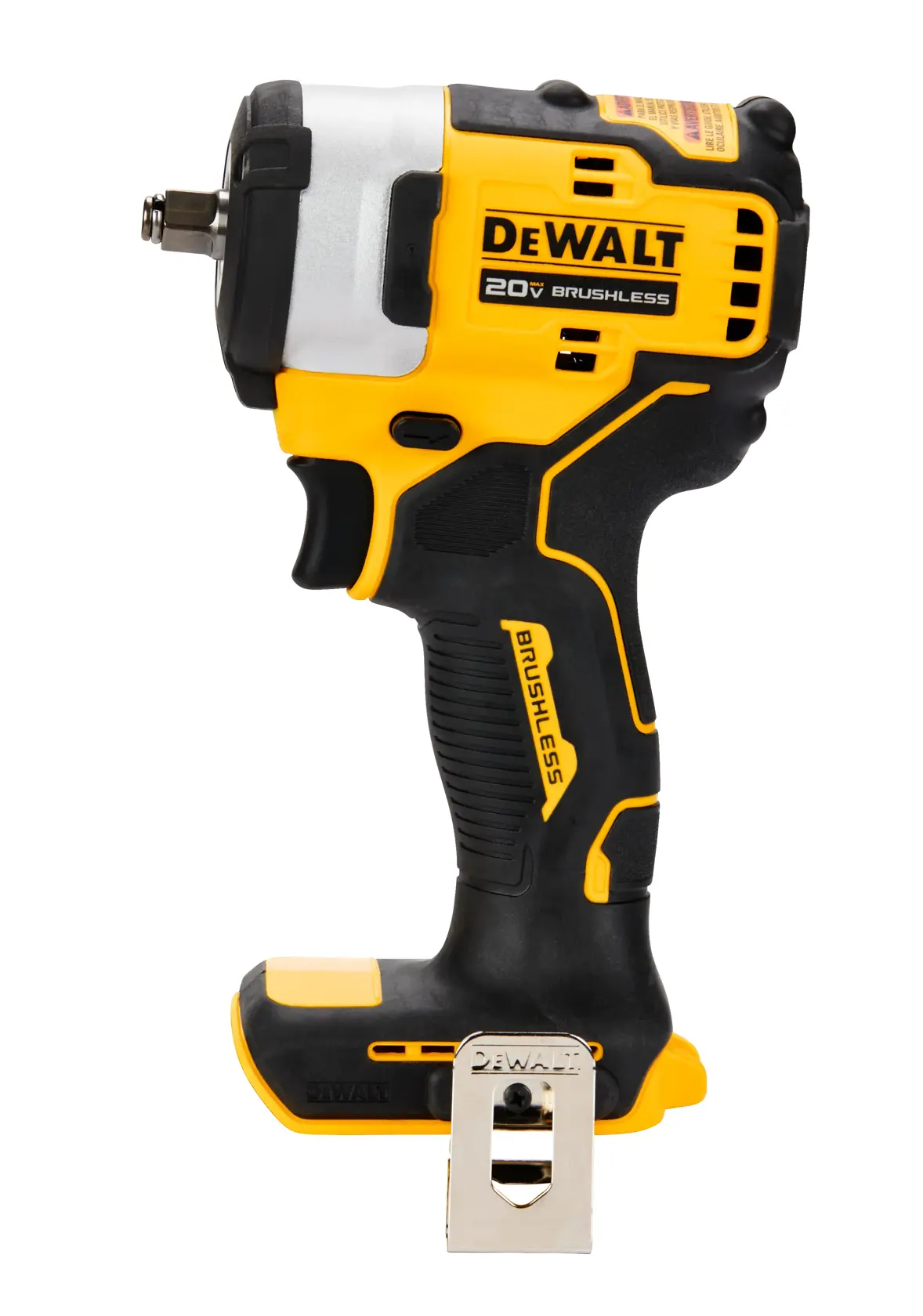 A DEWALT 20V brushless cordless impact wrench with a black and yellow design, shown standing upright against a white background.