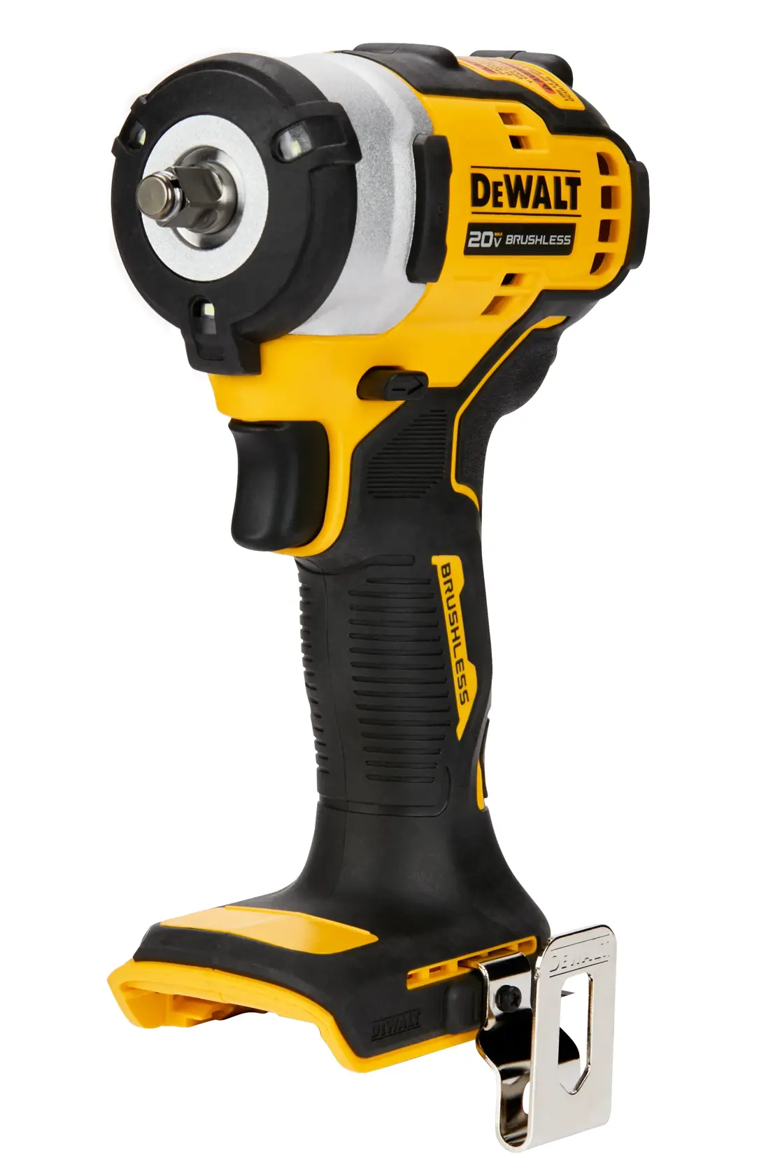 A DEWALT 20V brushless cordless impact wrench in black and yellow, shown without the battery attached.