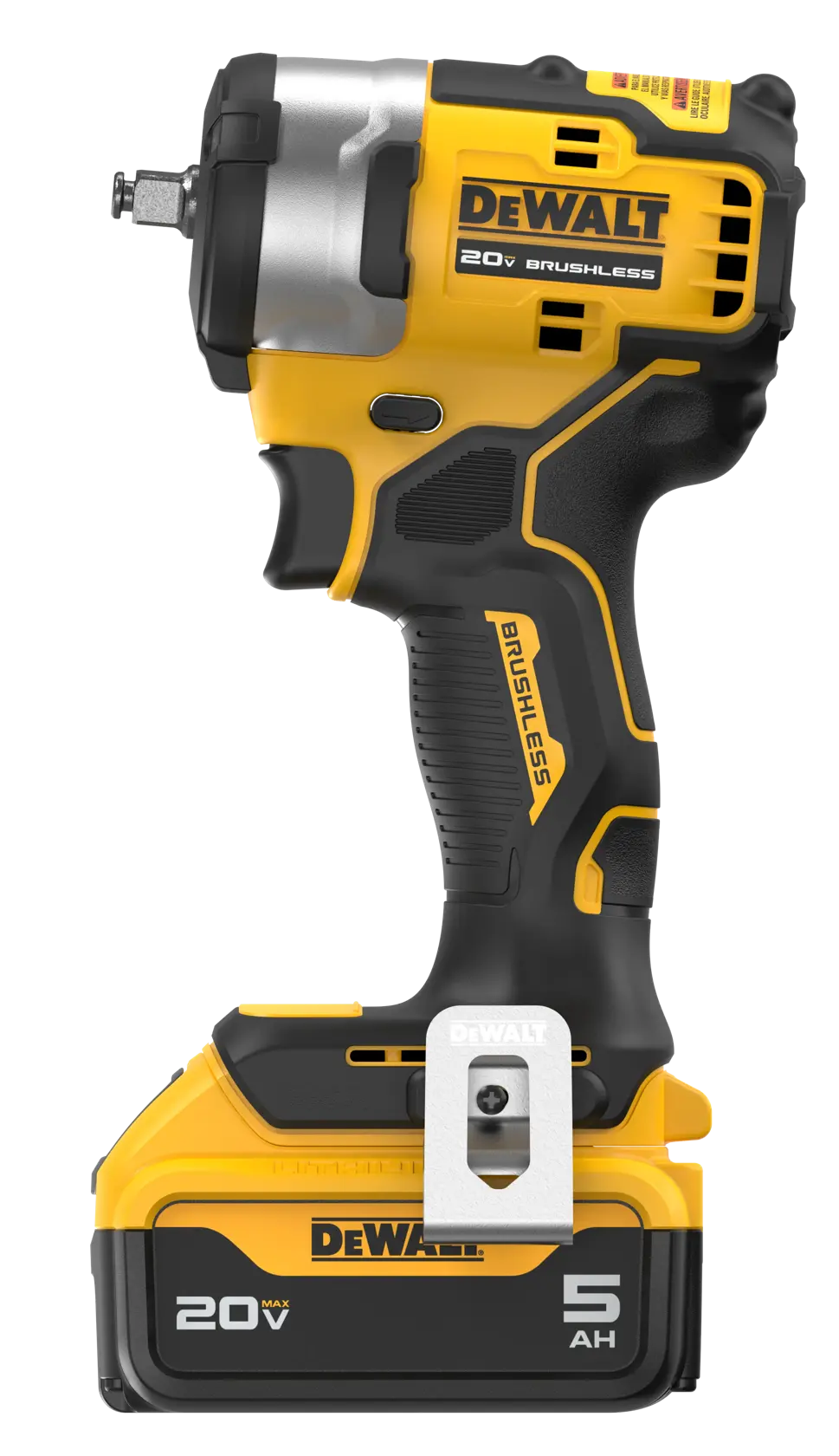 A DEWALT 20V cordless impact wrench with brushless motor and a 5Ah battery, shown upright against a white background.