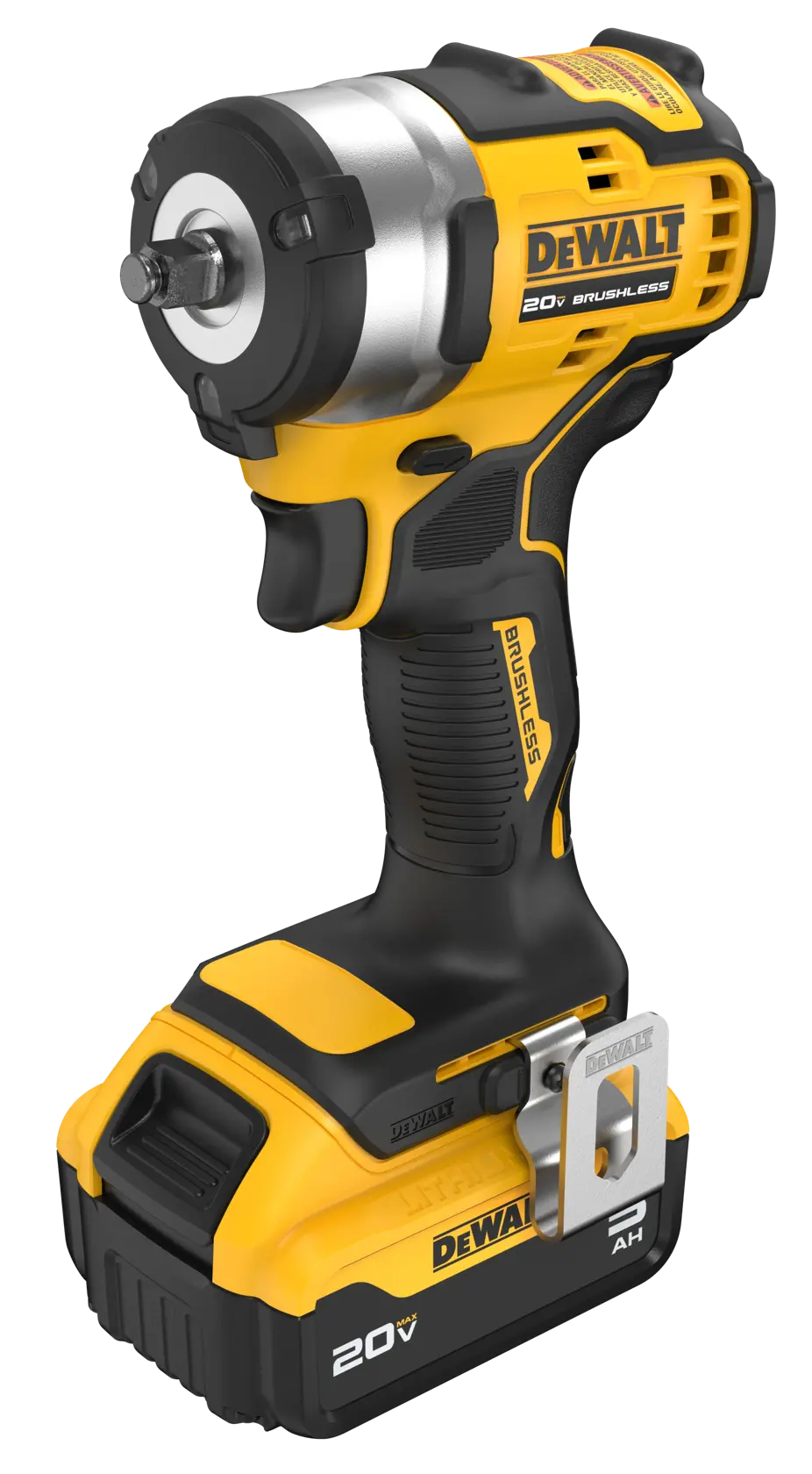 A DEWALT 20V brushless cordless impact wrench tool with a yellow and black design, shown with its battery attached.