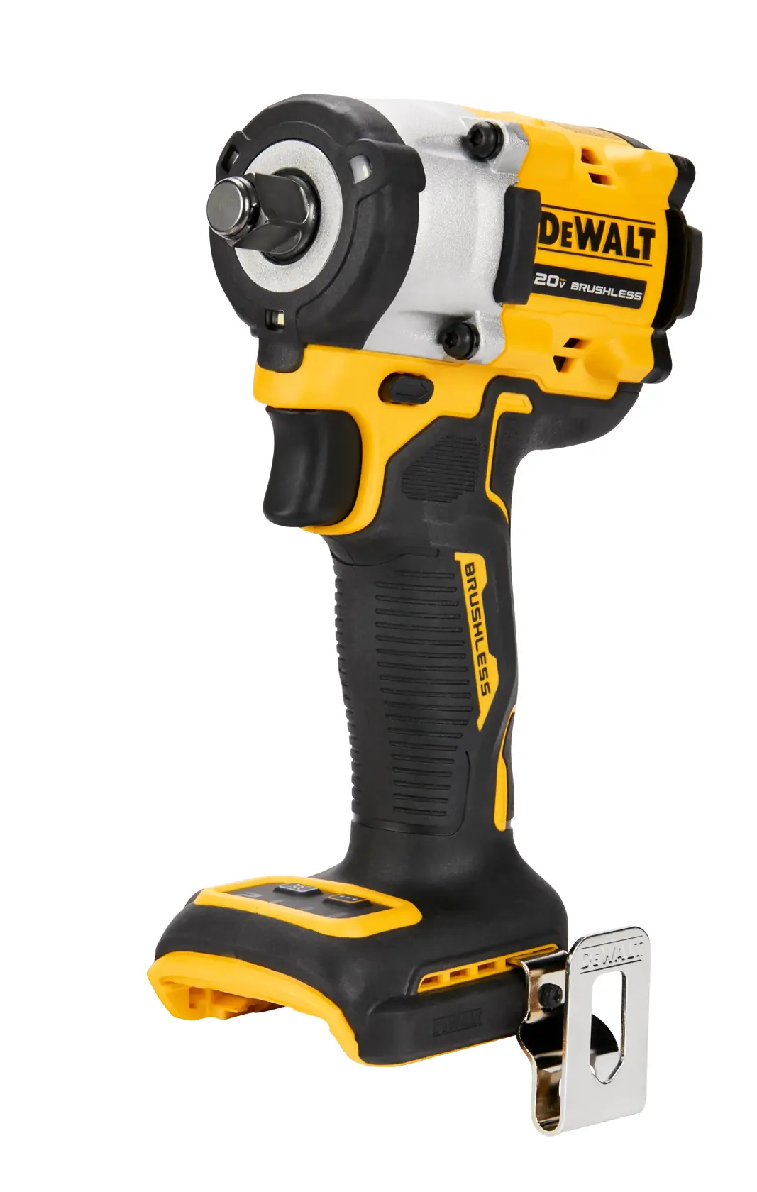 A DEWALT 20V cordless brushless impact wrench tool with a black and yellow ergonomic grip and a metal belt clip, shown without battery.