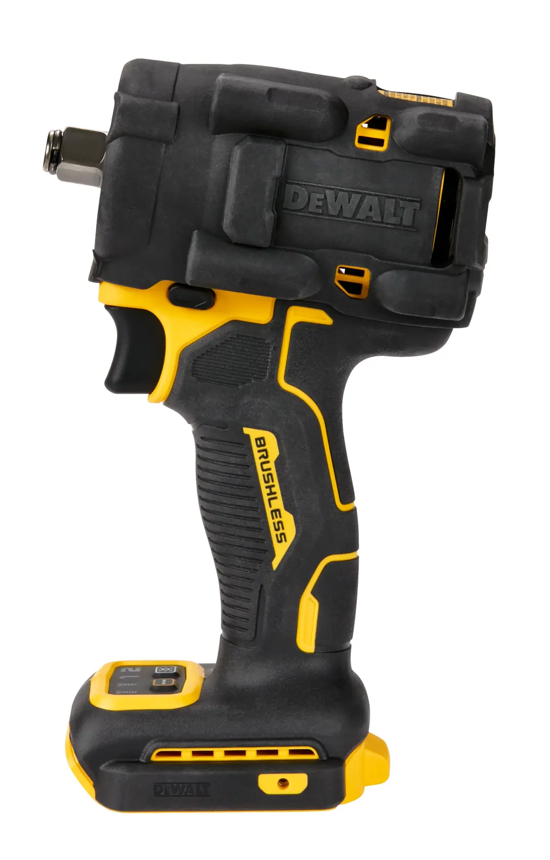 A DEWALT cordless brushless impact wrench with a black and yellow design, viewed from the side against a white background.