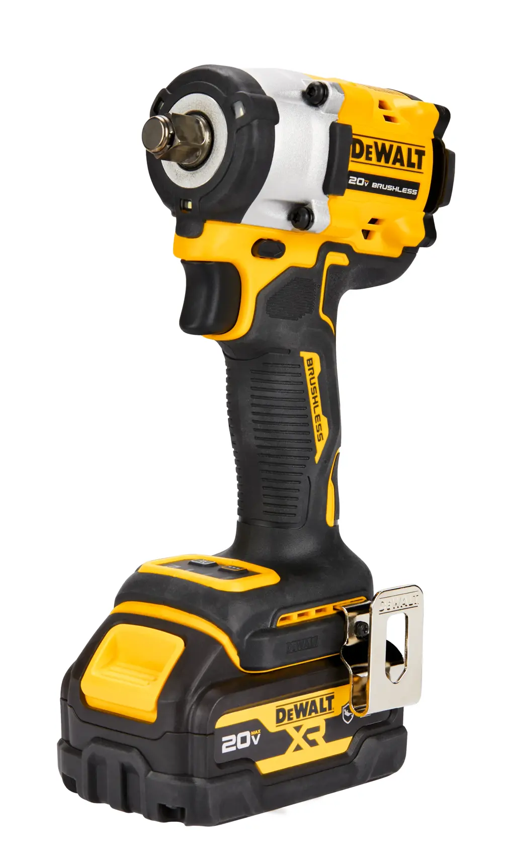 A cordless DEWALT 20V brushless impact wrench with a black and yellow body, shown standing upright on a white background.
