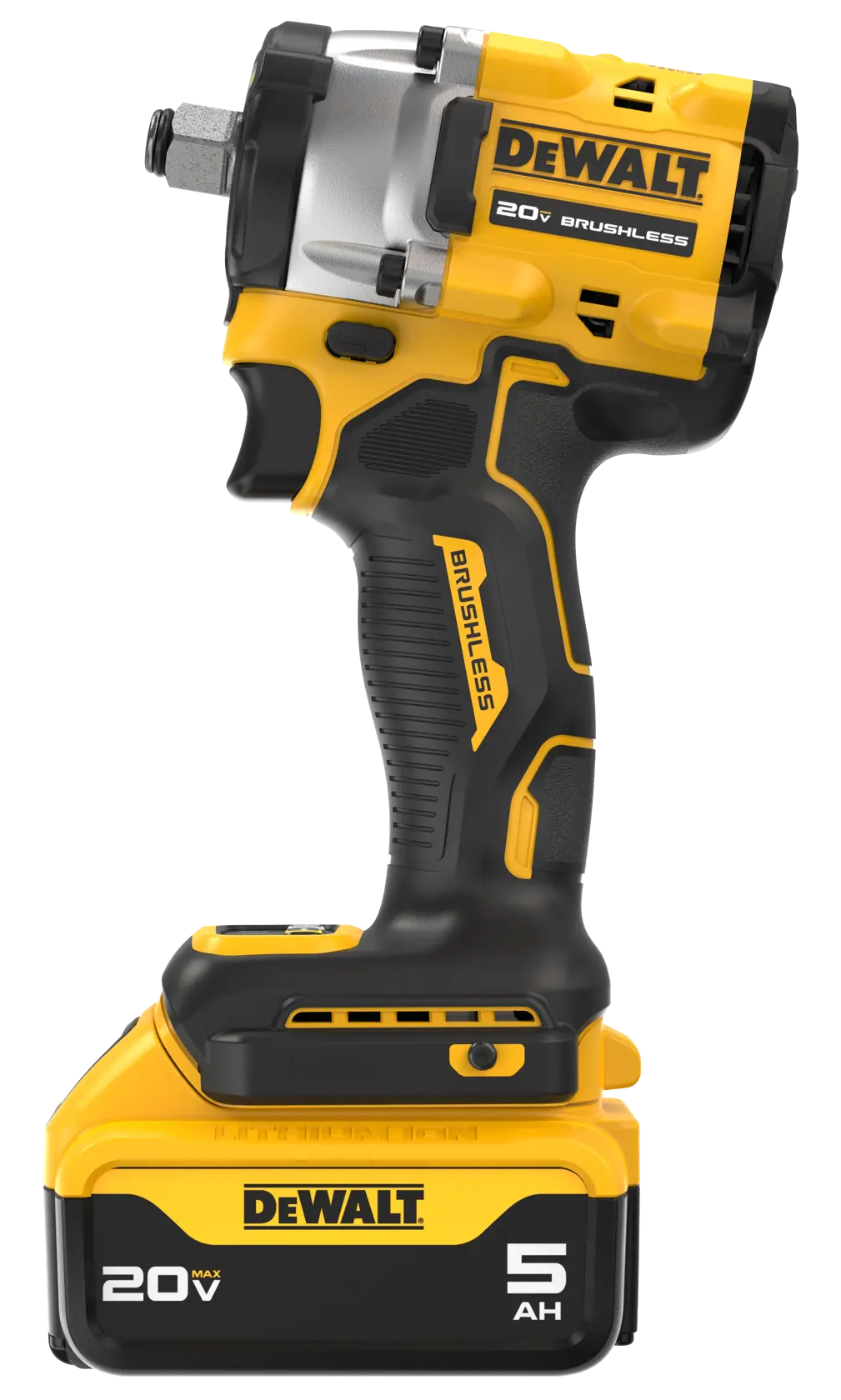 A DEWALT 20V cordless brushless impact wrench with a 5Ah battery. The tool is yellow and black with the DEWALT branding visible on both the battery and the main body.