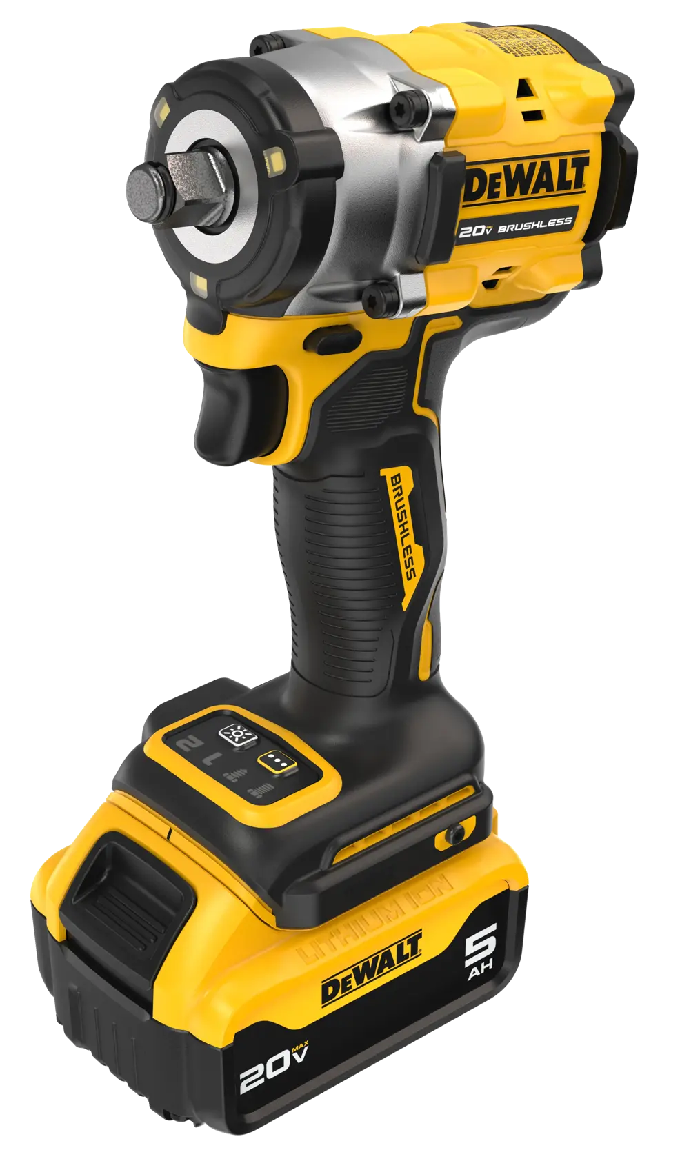 A DEWALT 20V brushless cordless impact wrench with a 5Ah lithium-ion battery, shown in yellow and black colors.