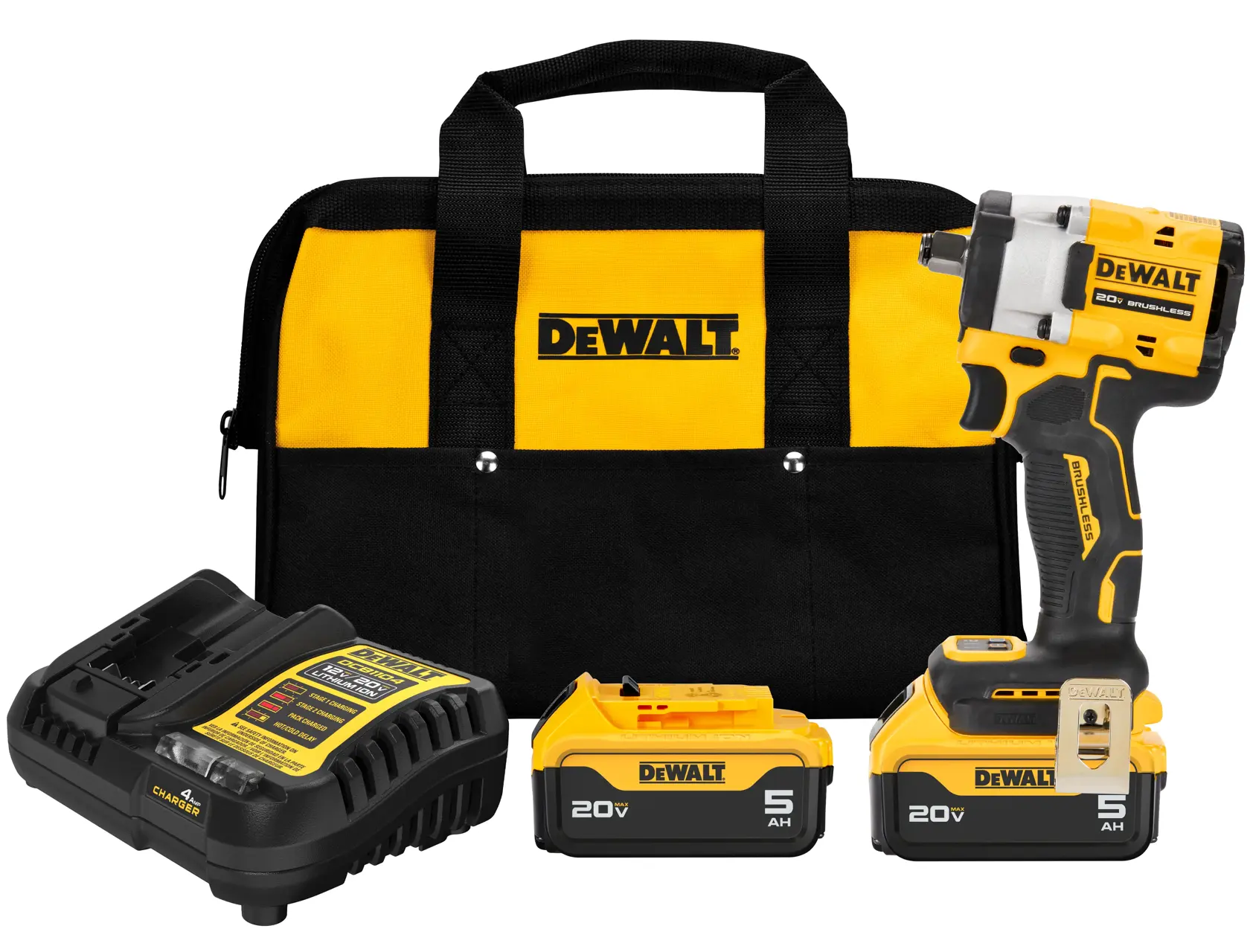 A DEWALT cordless impact wrench kit including a yellow and black carrying bag, a 20V MAX brushless impact wrench, two 20V 5Ah lithium-ion batteries, and a battery charger.
