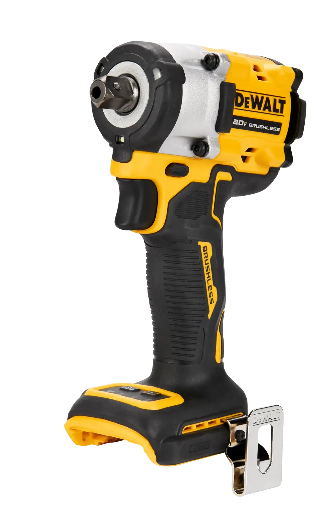 A DEWALT 20V cordless brushless impact wrench, model DCF922B, featuring a yellow and black ergonomic handle and a metal clip for belt attachment. The battery is not attached.