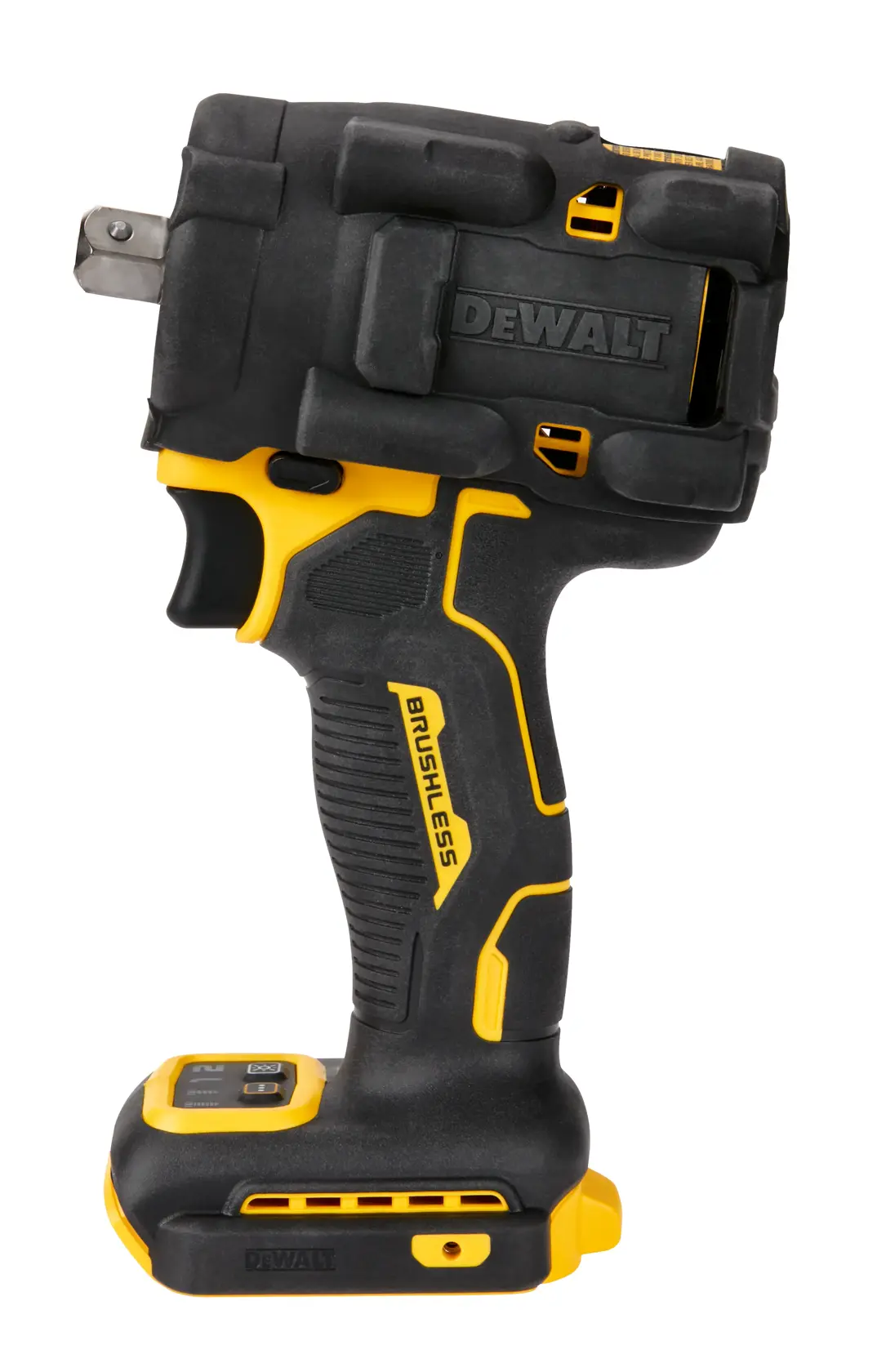 A DEWALT cordless impact wrench, model DCF922B, featuring a black and yellow design with brushless technology, shown from the side against a white background.