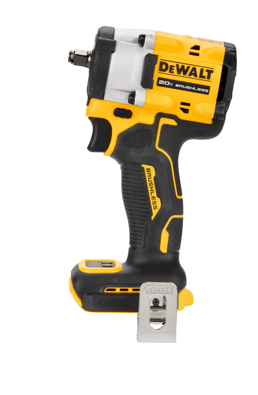 A DEWALT 20V brushless cordless impact wrench, shown upright with yellow and black casing and metal belt clip.