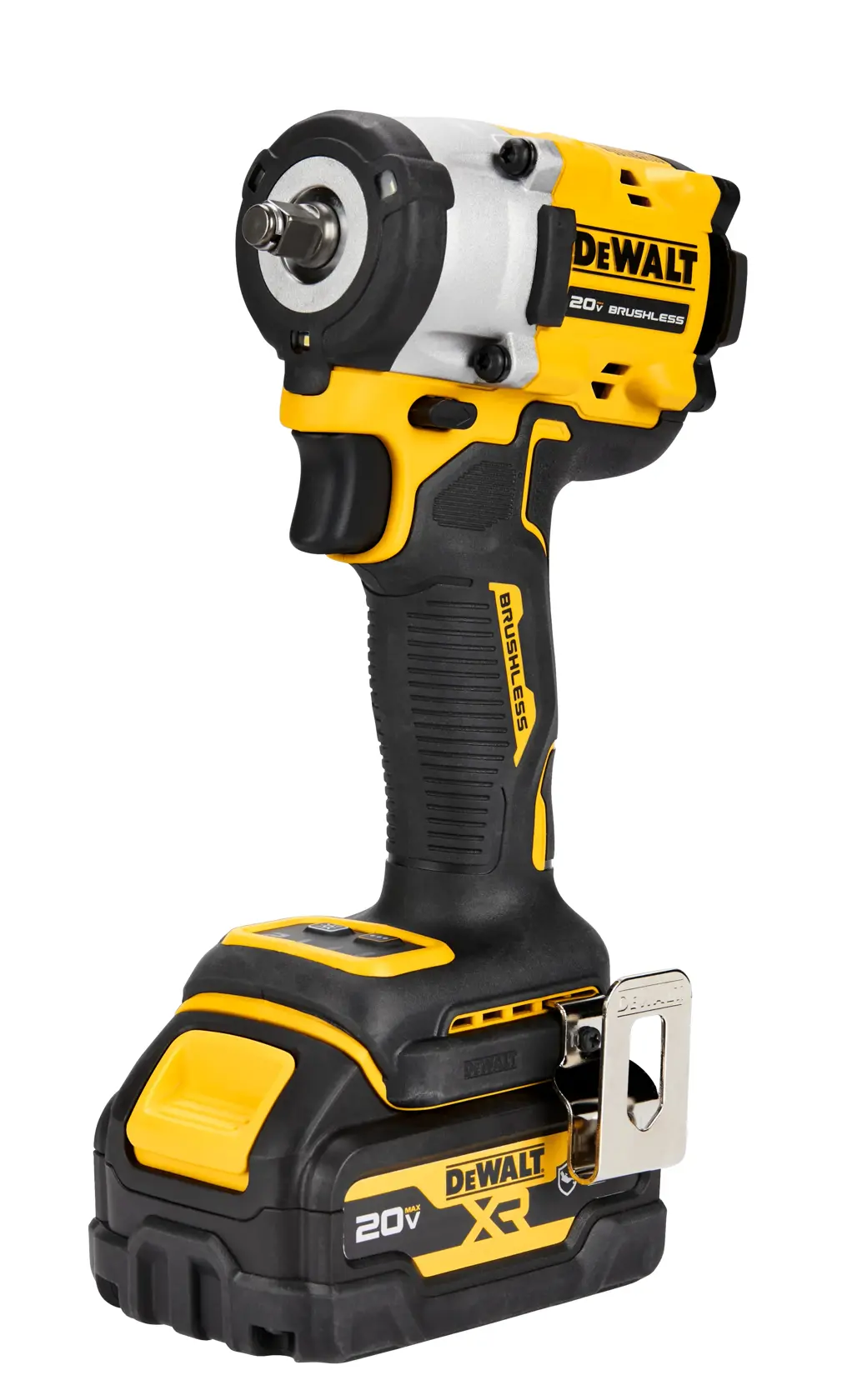 A DEWALT 20V cordless brushless impact wrench with a black and yellow design, shown standing upright with its battery attached.
