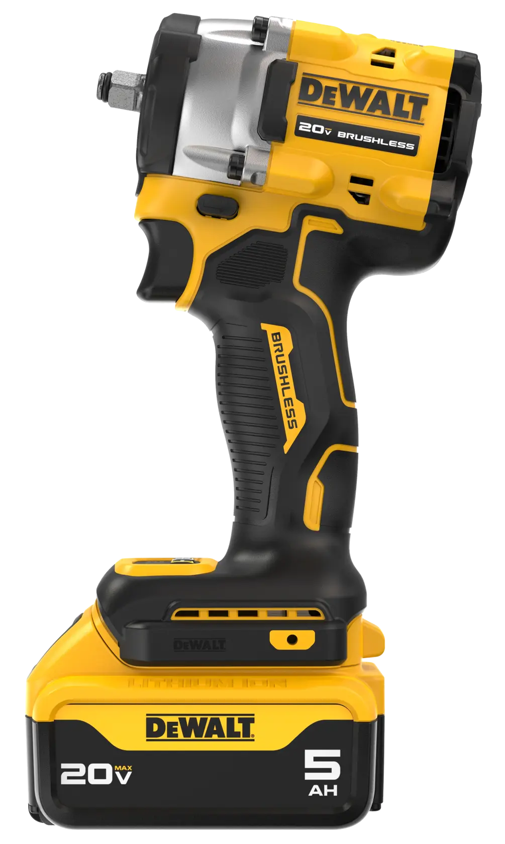 A DEWALT 20V MAX XR 1/2 inch brushless cordless impact wrench with a black and yellow design and a 5 amp hour lithium-ion battery attached at the base.