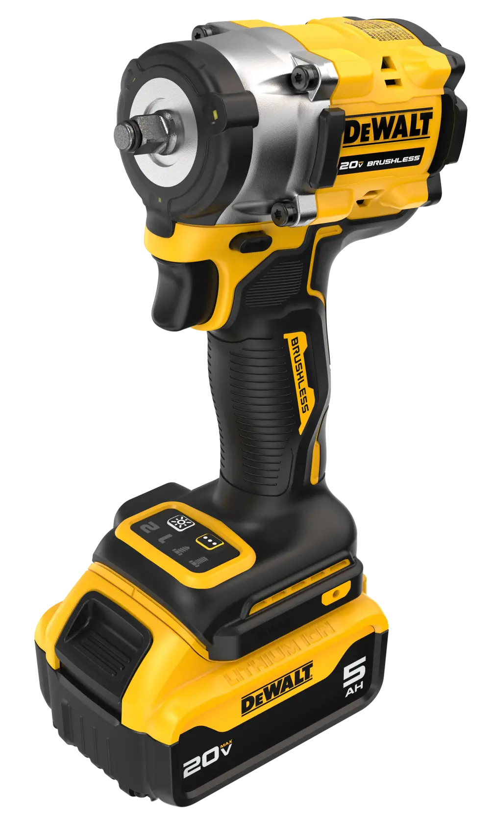A DEWALT 20V cordless brushless impact wrench with a lithium-ion battery pack, shown in a yellow and black color scheme. The tool is designed for heavy-duty fastening applications.