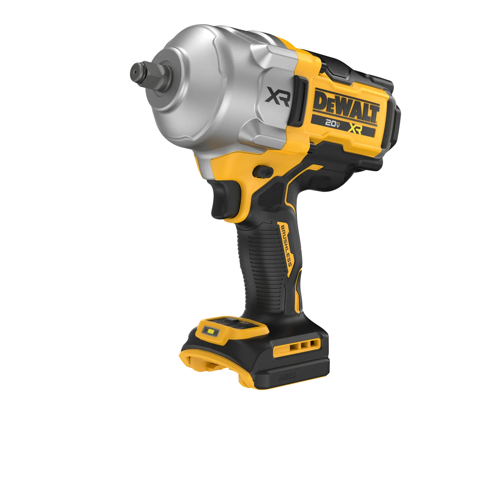A DEWALT cordless impact wrench, 20V XR model, with a yellow and black design. The tool is shown without a battery attached.