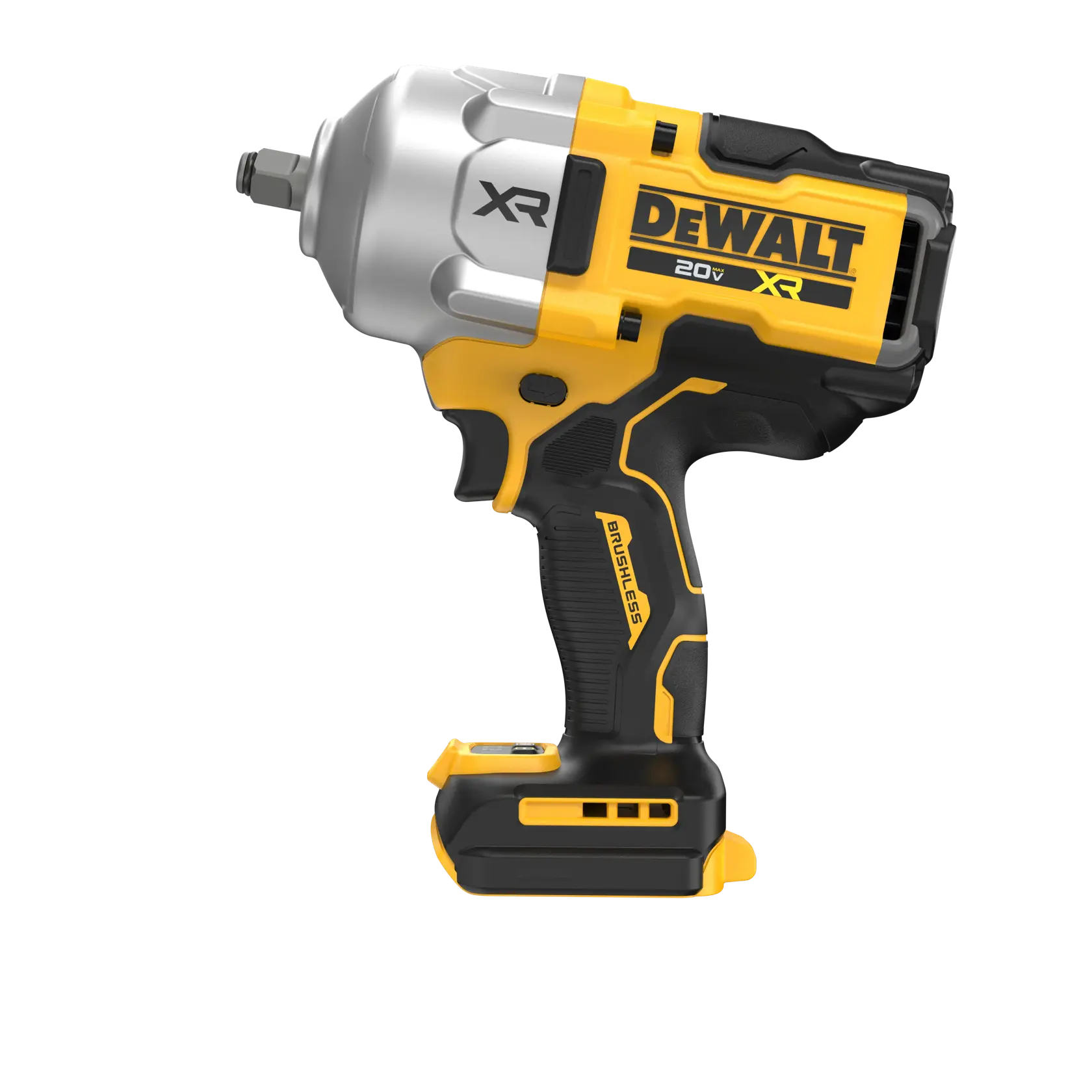 A DEWALT 20V XR cordless impact wrench with a brushless motor, shown in yellow and black.