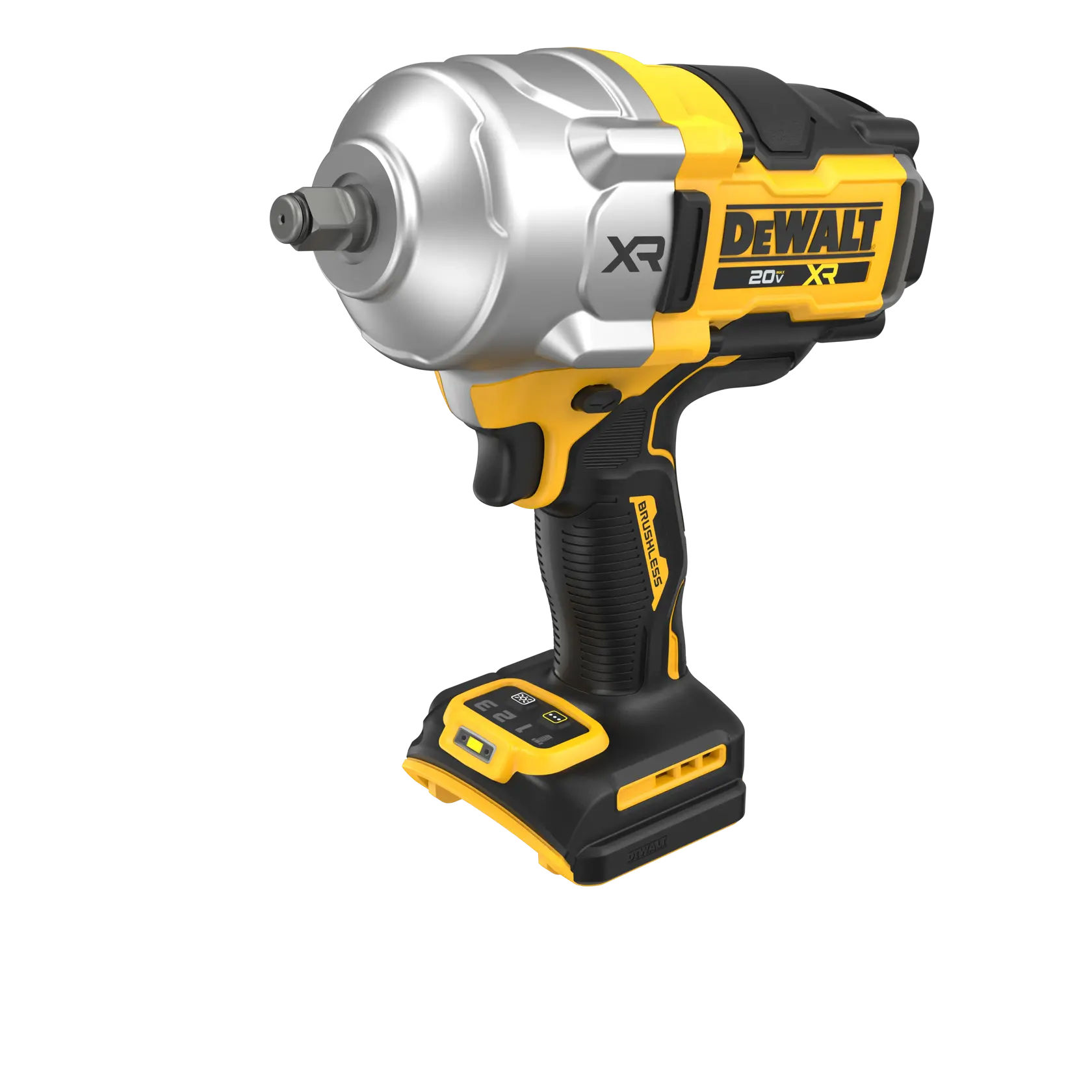 A DEWALT 20V XR cordless impact wrench with a black and yellow design, featuring a robust metal head and ergonomic grip. The tool is shown standing upright without a battery attached.
