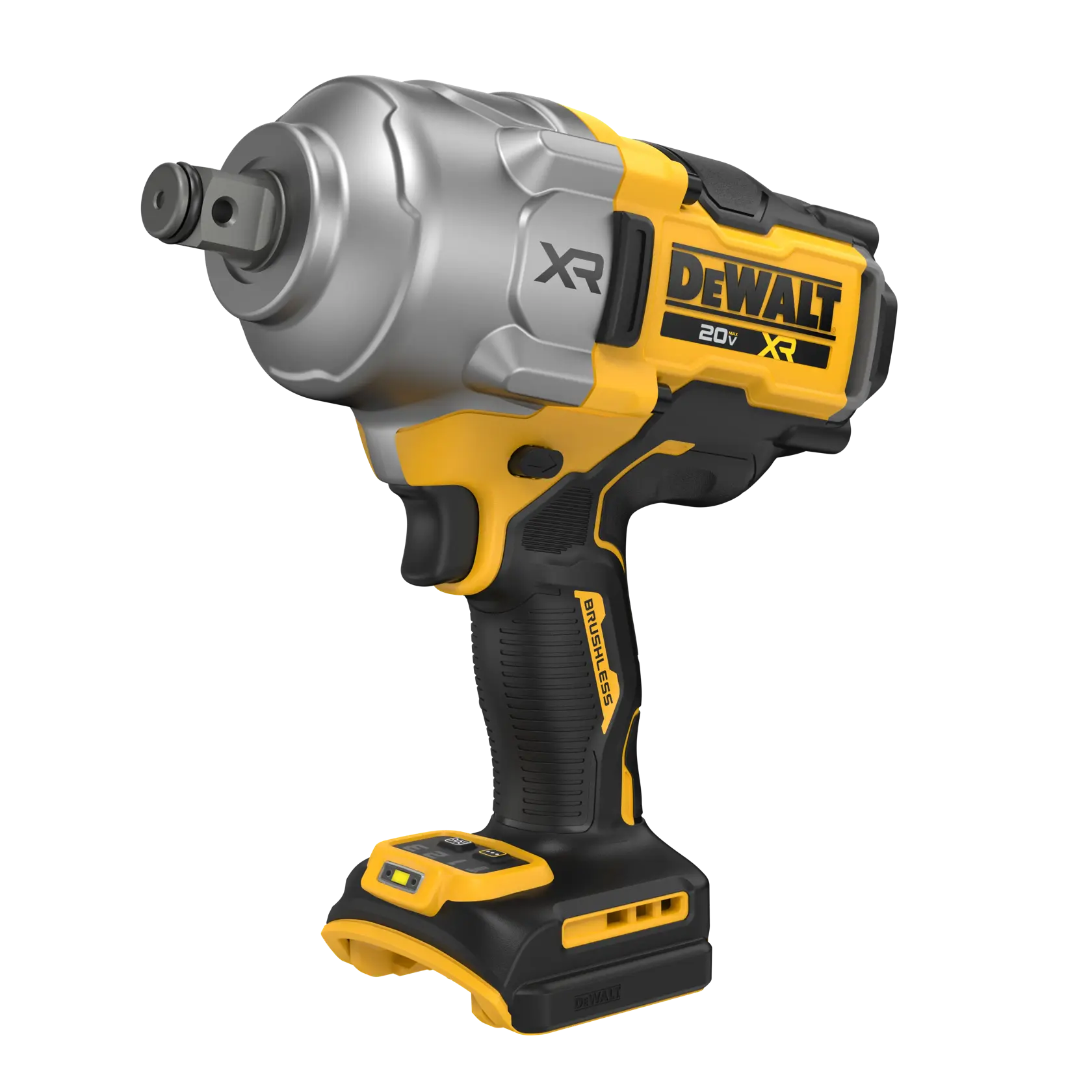 A DEWALT 20V XR cordless impact wrench with a robust, silver and yellow design, showing a brushless motor and ergonomic handle.