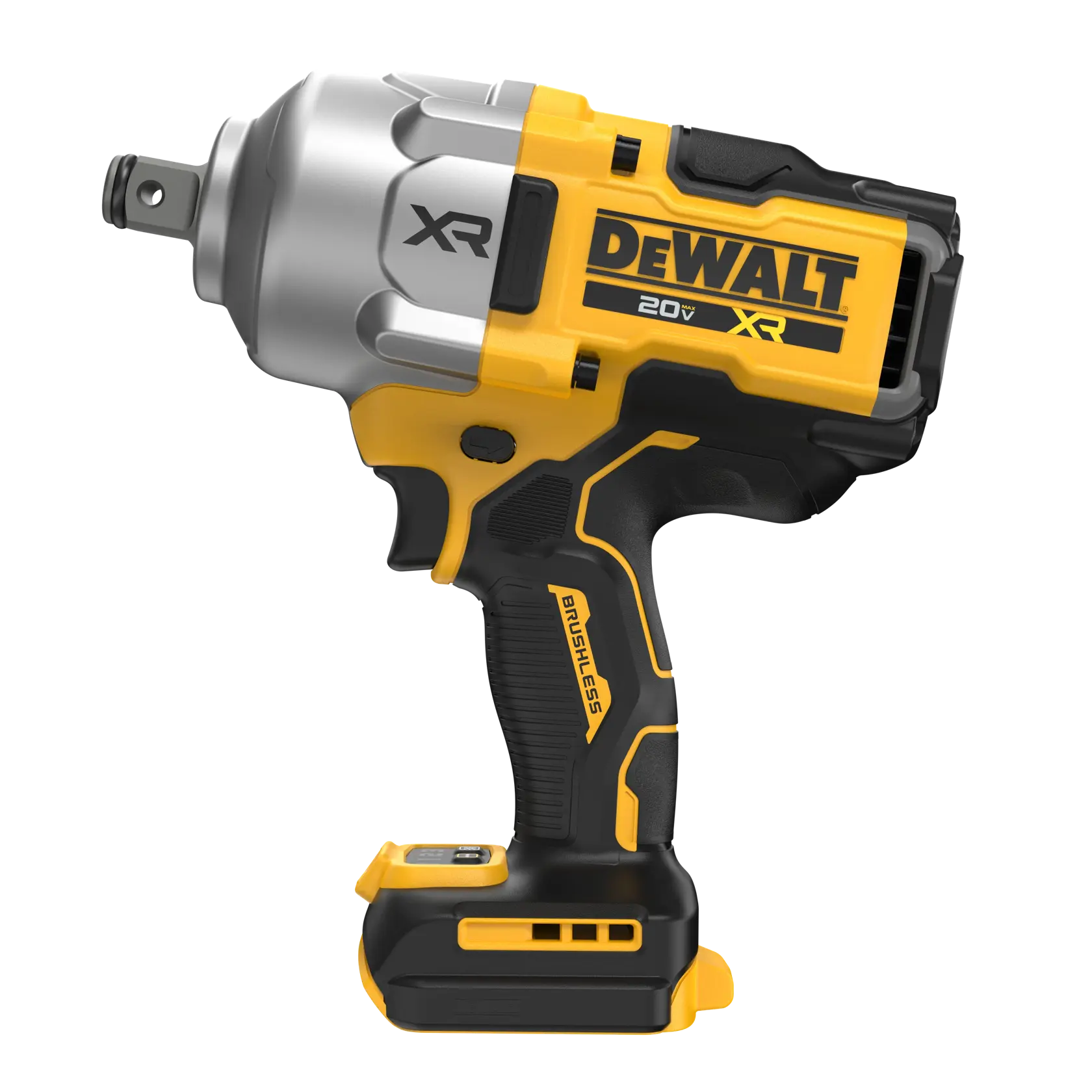 A DEWALT 20V XR cordless impact wrench with a brushless motor, primarily yellow with black and metallic silver components, shown from the side.