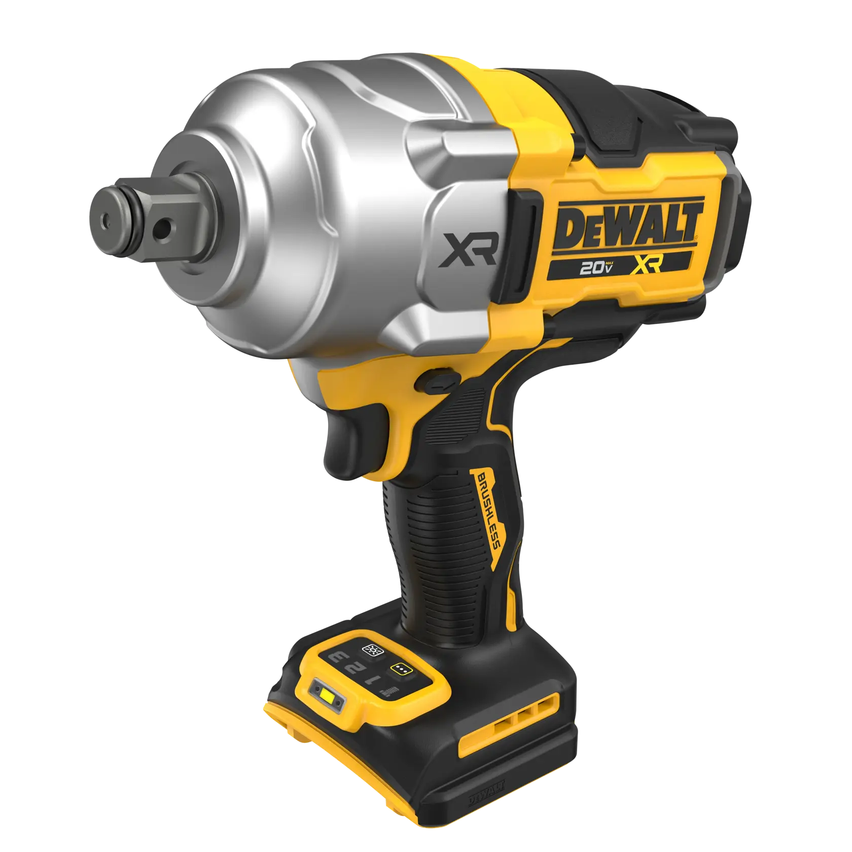 A DEWALT 20V XR cordless impact wrench with a brushless motor, featuring a yellow and black design, visible branding, and control buttons at the base of the handle.