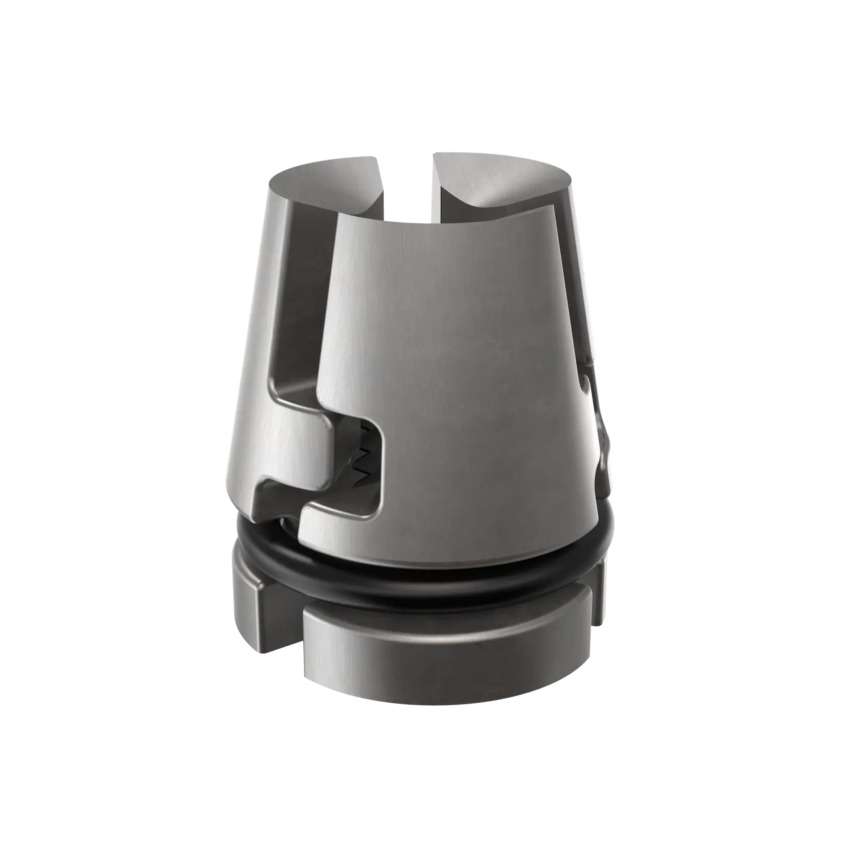 Metal DEWALT collet with black ring, used for holding tool bits, shown on a white background.