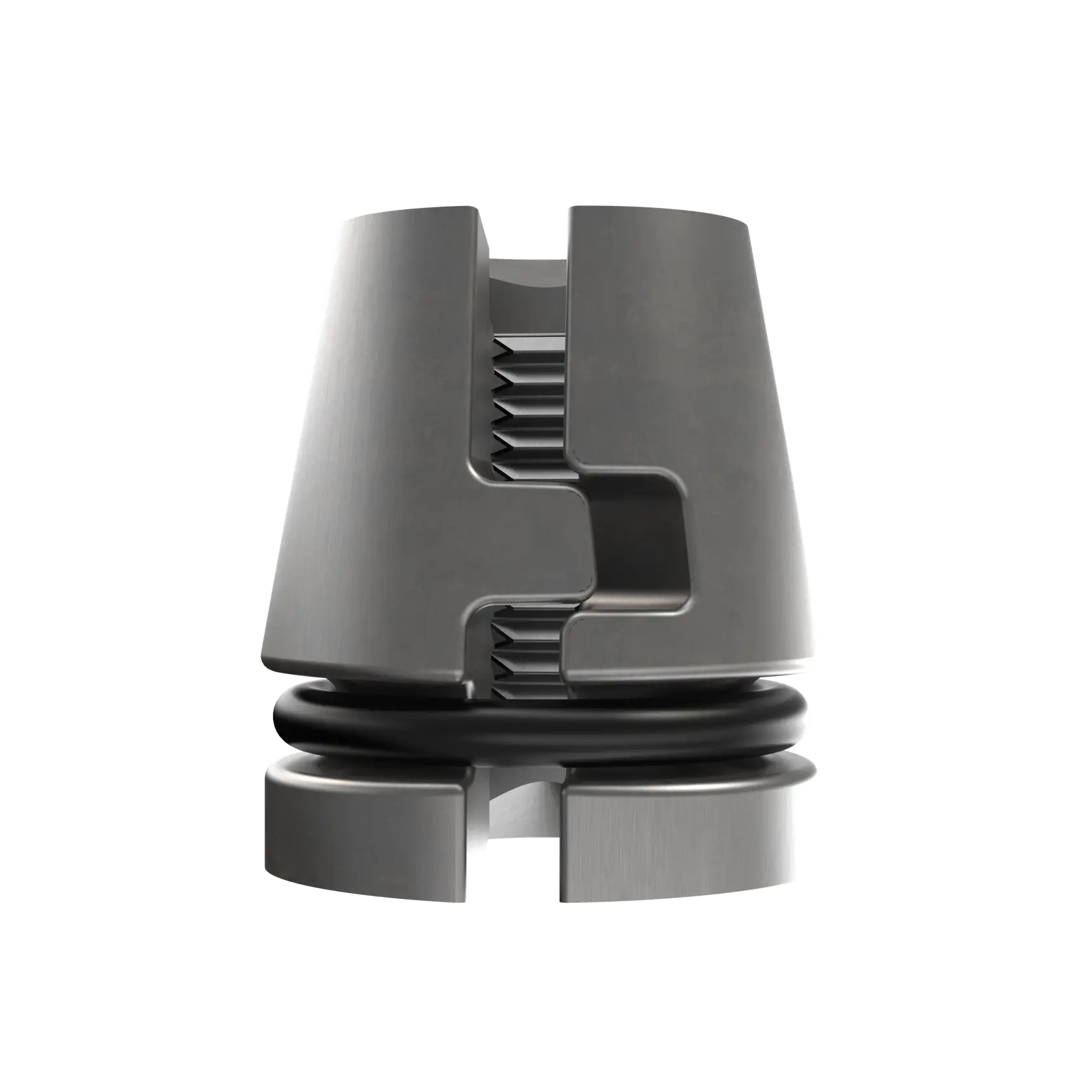 Close-up of a DEWALT metal tool accessory with grooves and a black ring, used for precision fitting.
