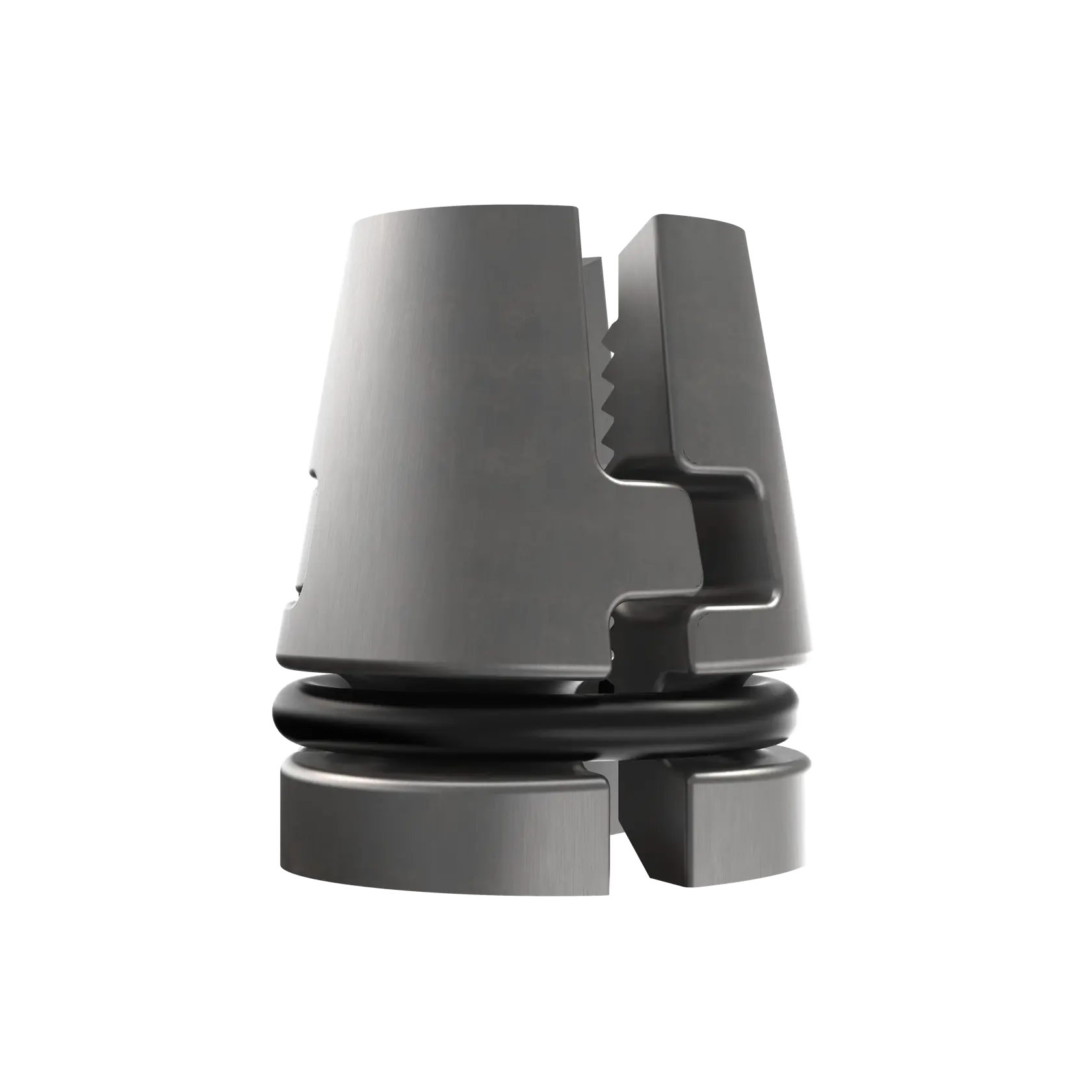 Close-up of a DEWALT metal collet with black O-ring for use with photography equipment on a white background.