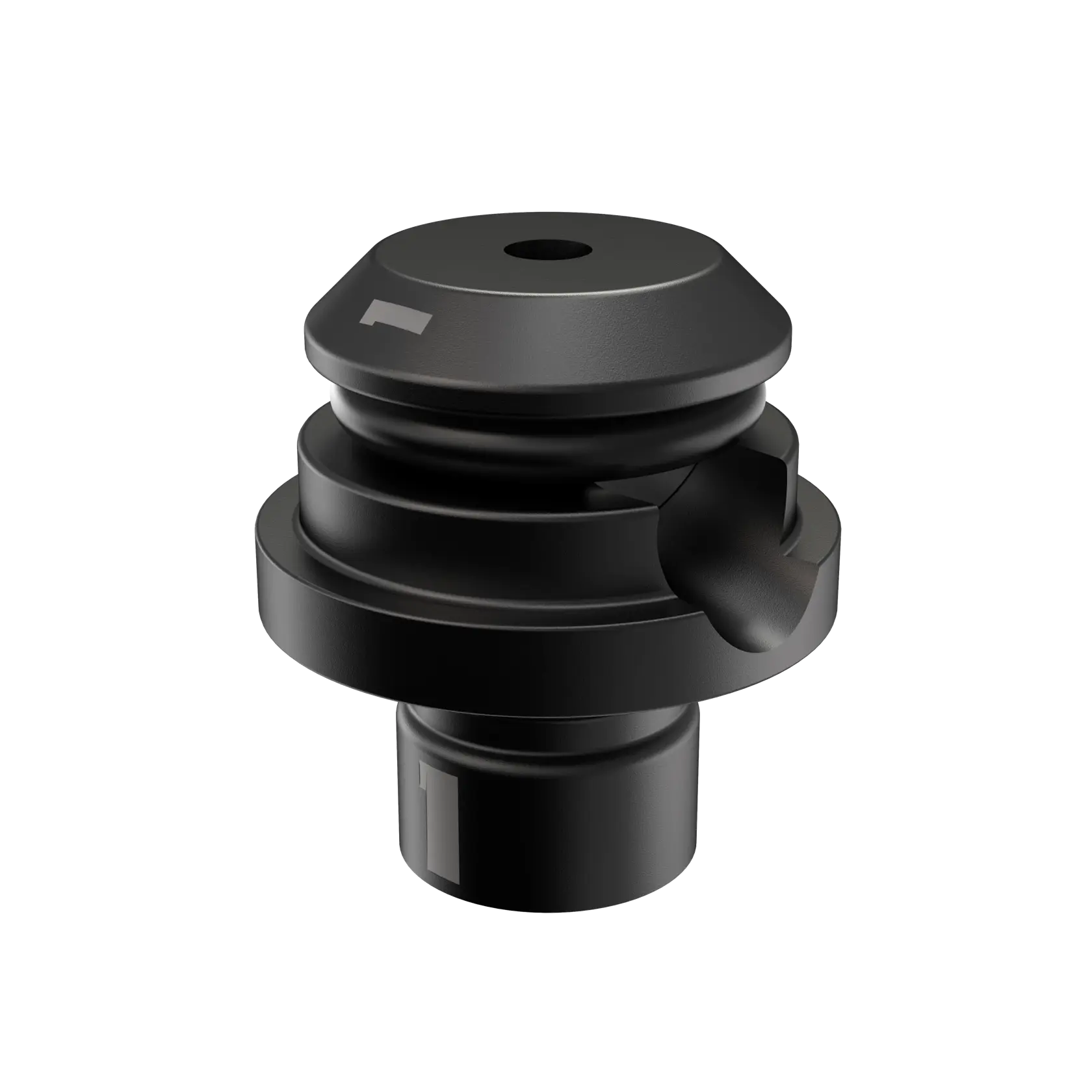 A black DEWALT camera lens adapter with a compact cylindrical design, photographed against a white background.