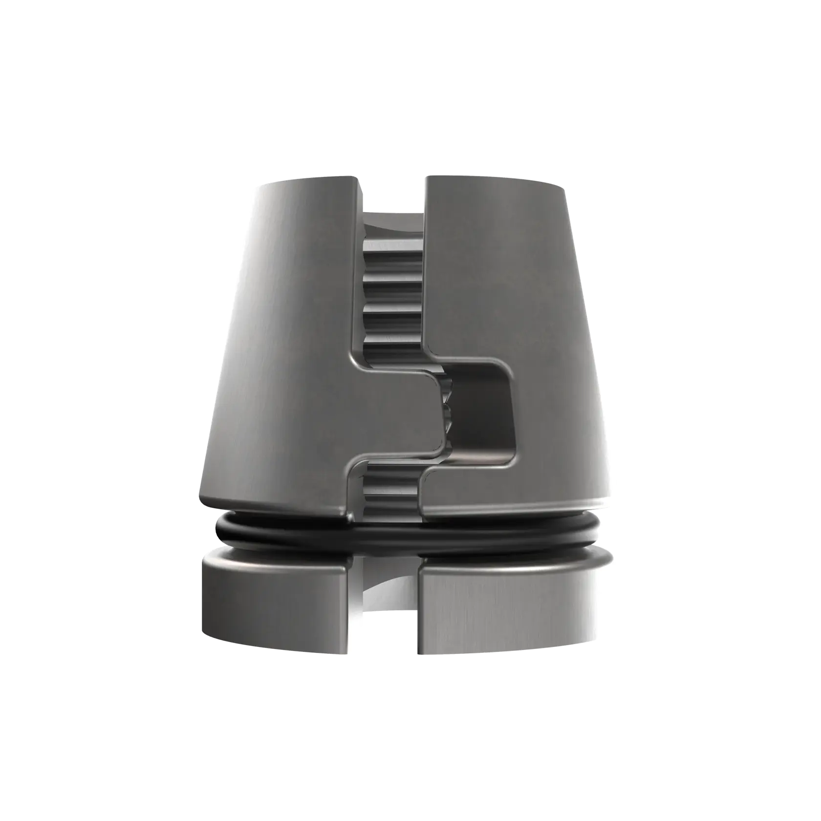 Close-up of a metal camera accessory part with grooves and O-ring, shown on a white background.