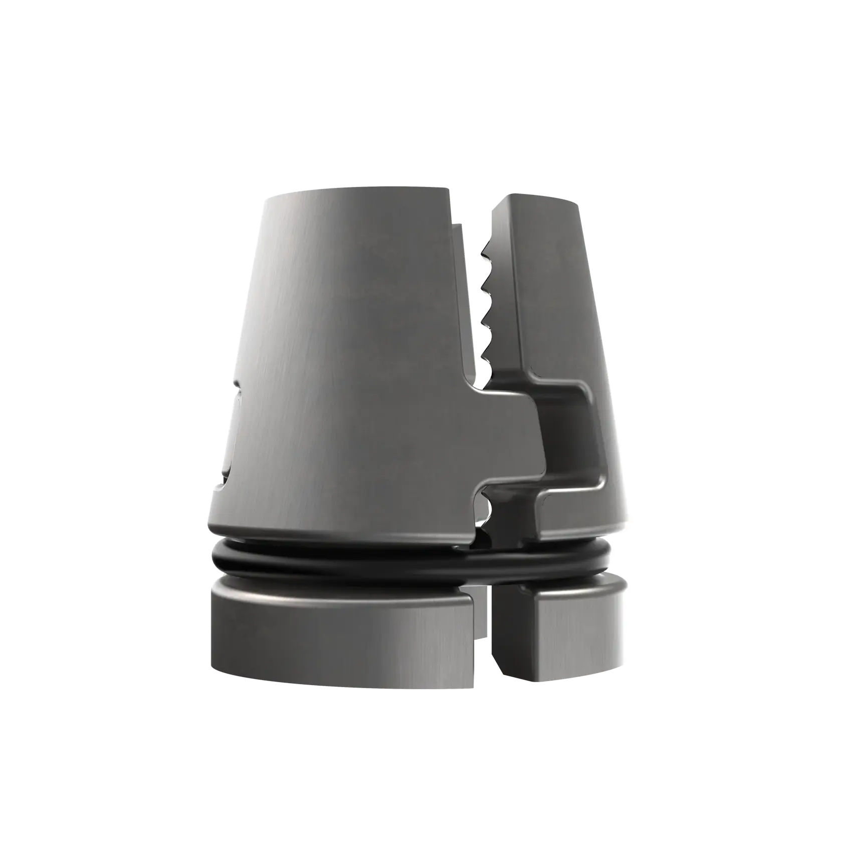 Close-up of a metallic DEWALT accessory part with grooves and a black ring, used in photography equipment.