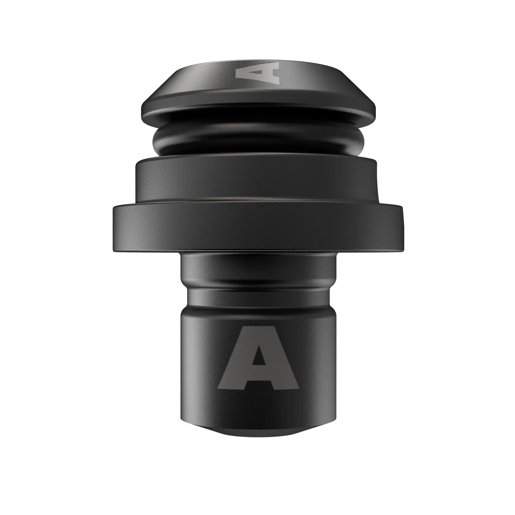 Black DEWALT connector accessory with letter A, cylindrical and ridged design, shown on white background.