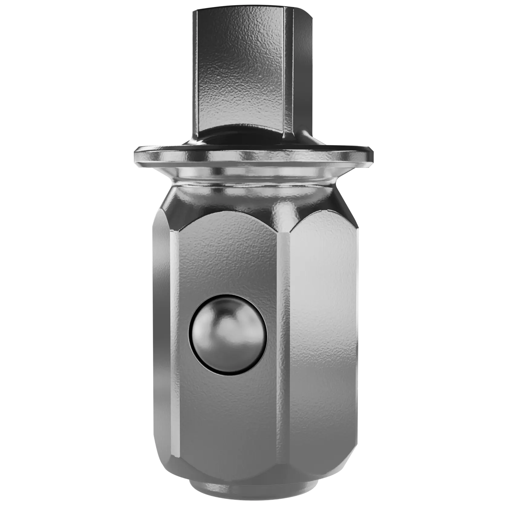 Close-up image of a metallic socket adapter, typically used with power tools for connecting sockets to a drill or impact driver.