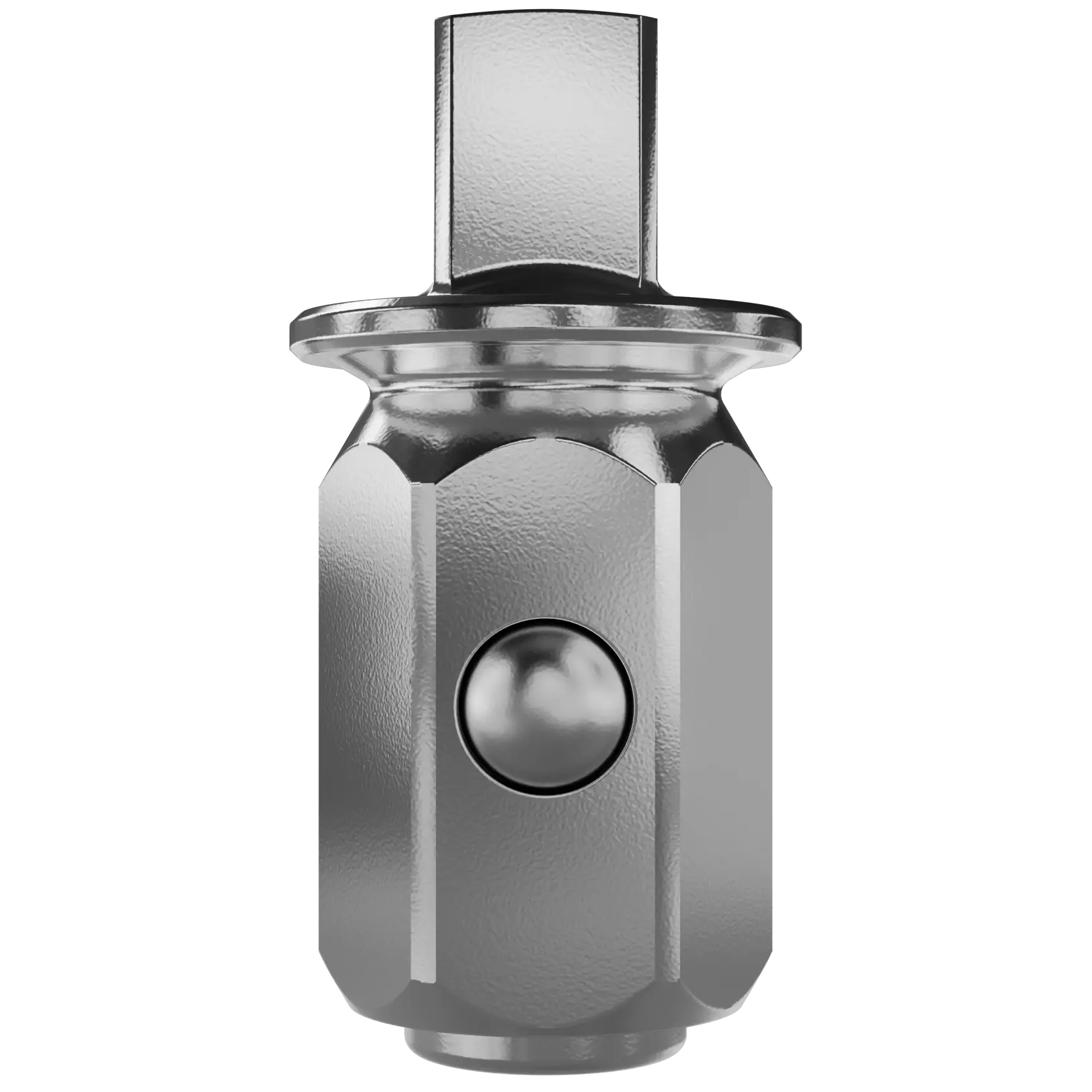 Close-up image of a metallic DEWALT adapter for socket wrenches, featuring a hexagonal base and a square drive end. The adapter has a smooth, reflective surface and a detent ball for secure attachment.