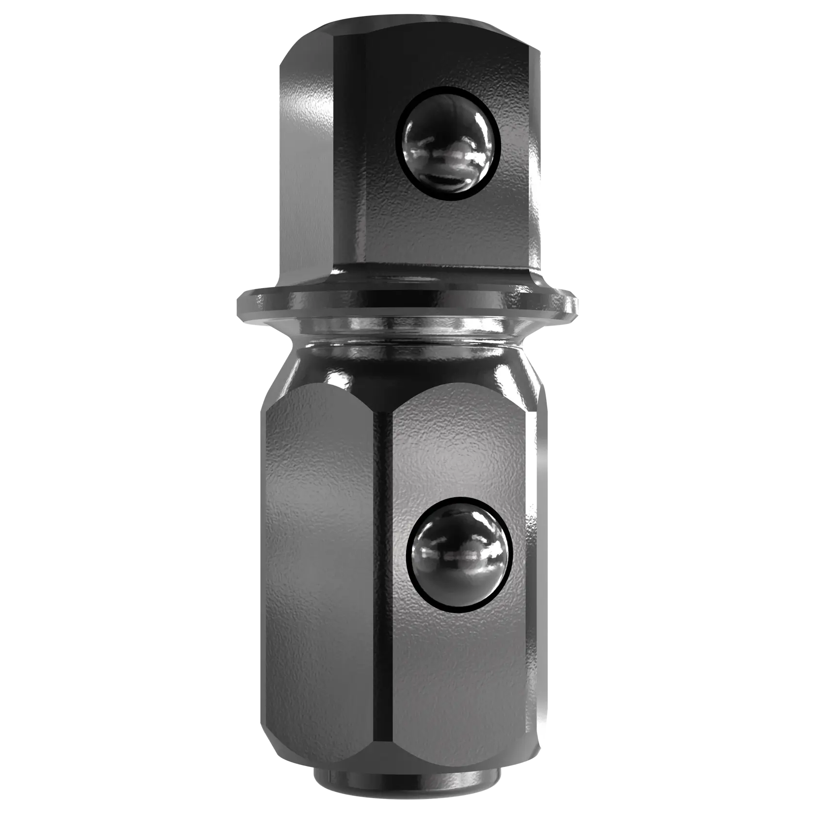 Close-up of a DEWALT metal socket adapter with a hexagonal shape and ball detent feature, used for connecting sockets to power tools.