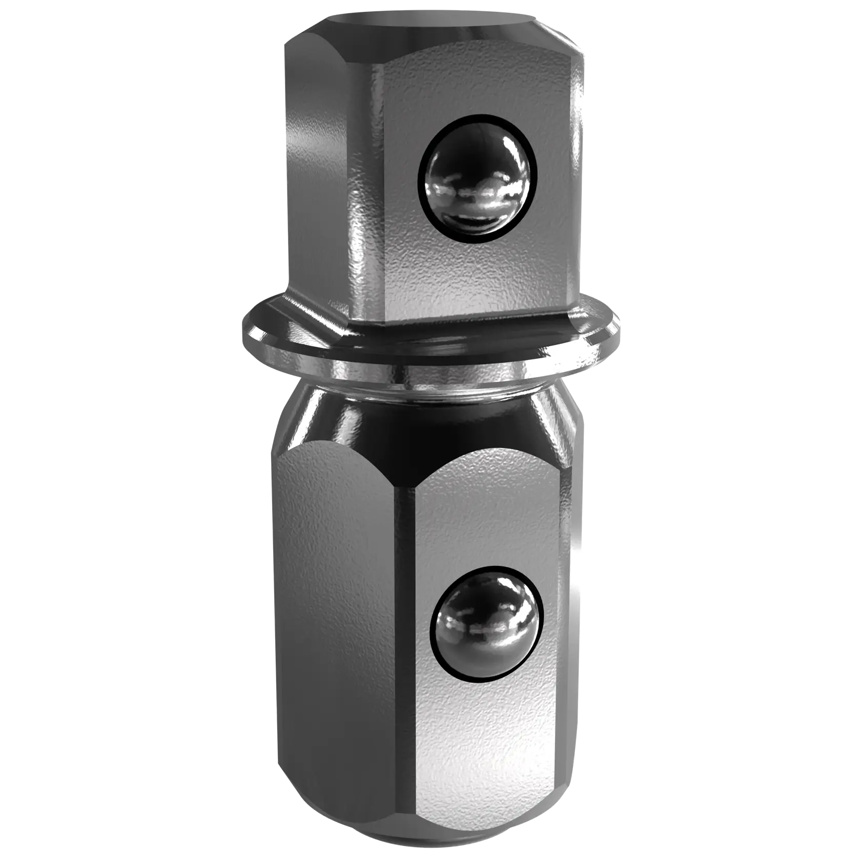 A close-up image of a metallic socket adapter with a hexagonal base and two ball detents, used for connecting different drive tools.