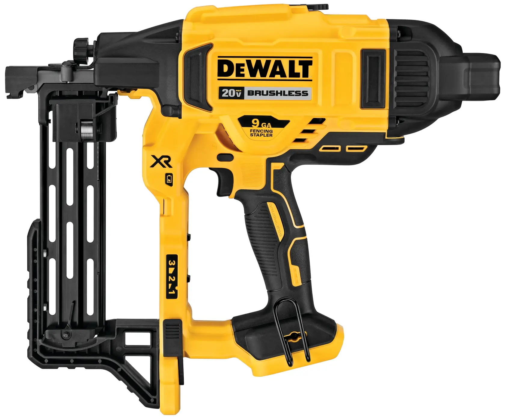 A DEWALT 20V brushless cordless fencing stapler, model DCFS950B, featuring a yellow and black design, with a handle and a magazine for staples.