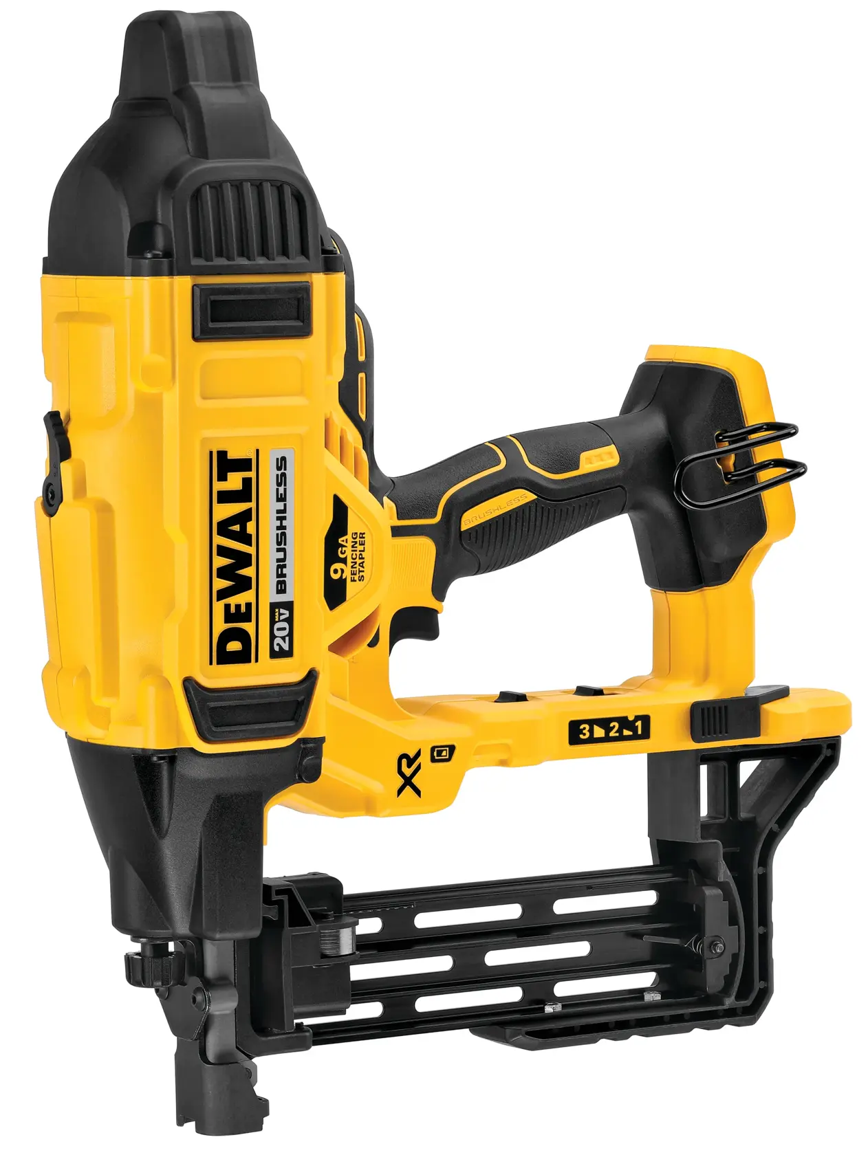 A yellow and black DEWALT 20V brushless cordless framing nailer with ergonomic handle, model DCFS950B, shown against a white background.