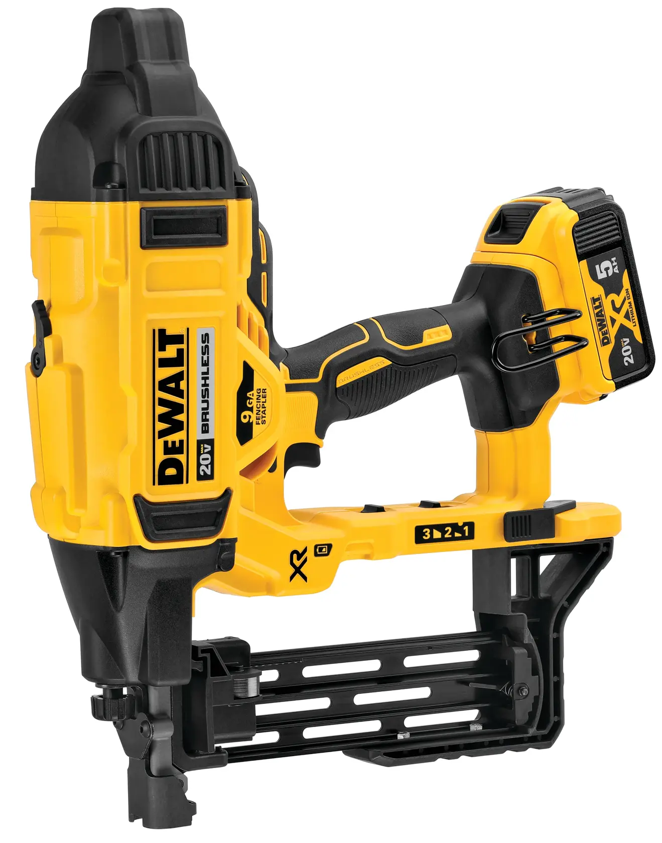 A DEWALT 20V cordless brushless nailer, model DCFS950P2, with a yellow and black design. The tool features ergonomic grips, a battery pack attached to the handle, and a magazine for fasteners.