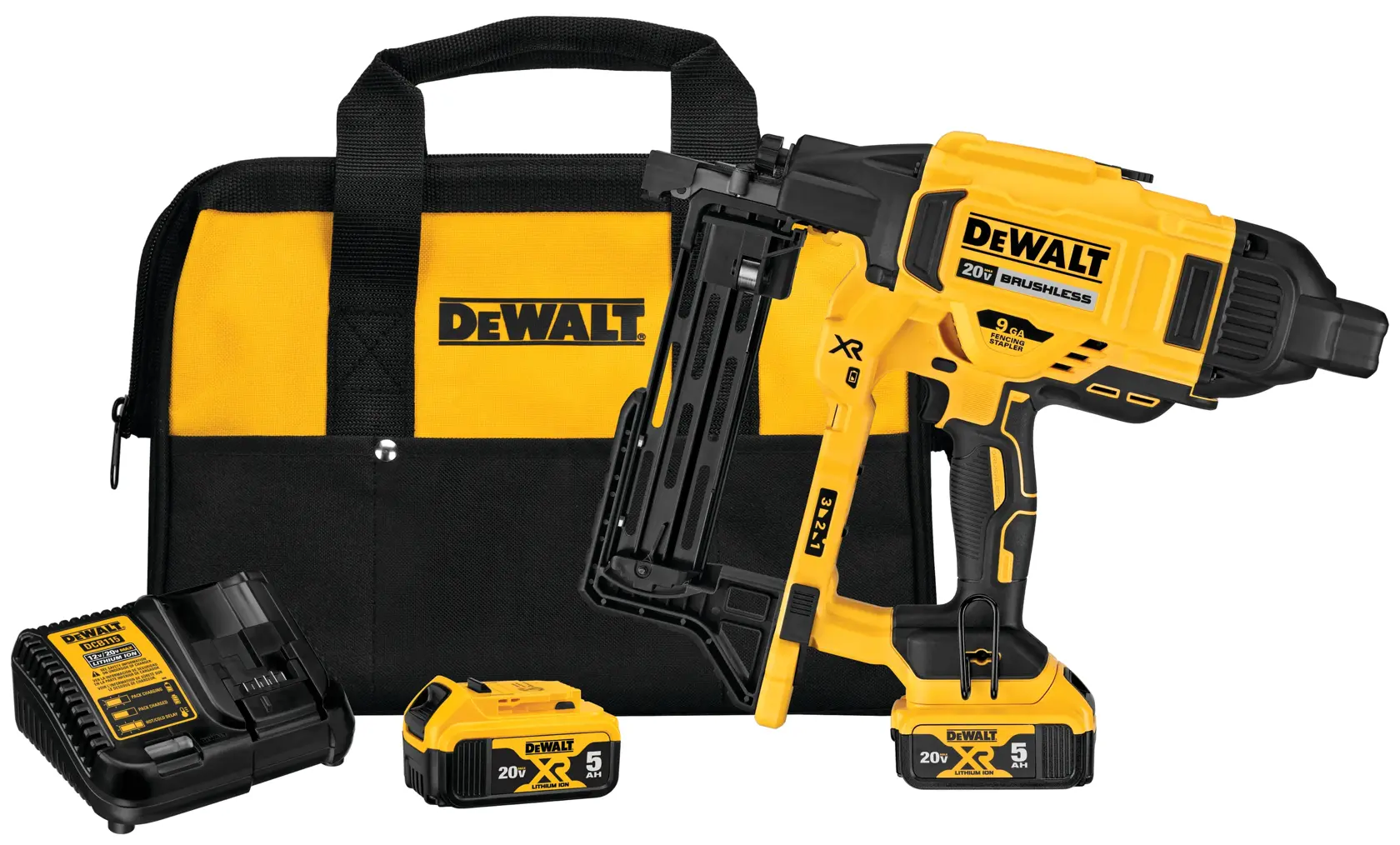 DEWALT cordless nailer kit including a yellow and black 20V brushless nail gun, two rechargeable batteries, a battery charger, and a DEWALT branded carrying bag.