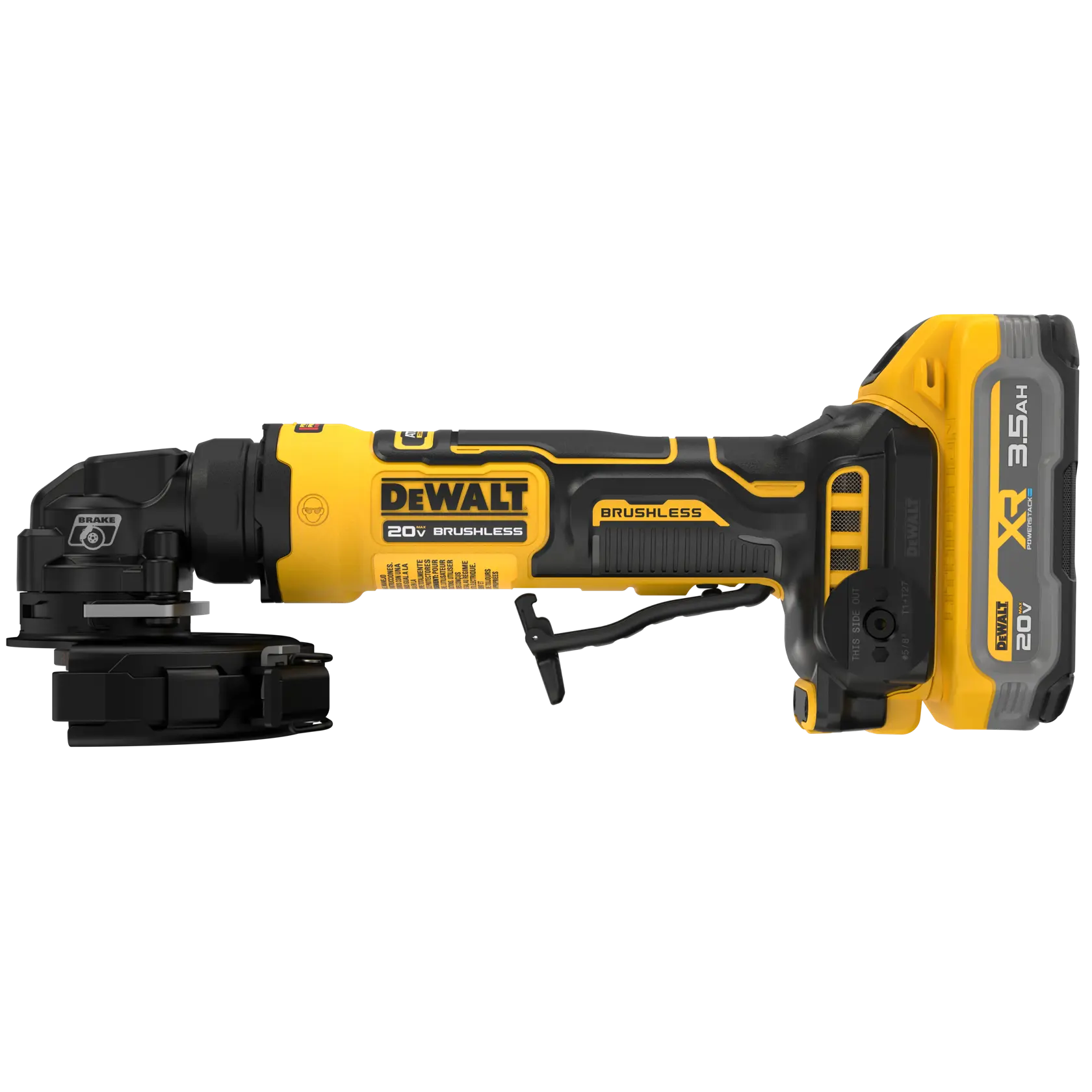 A DEWALT 20V XR Brushless cordless power tool, shown in profile view. The tool features a yellow and black design, a 3.5 Ah battery, and a grinding or cutting head attachment.