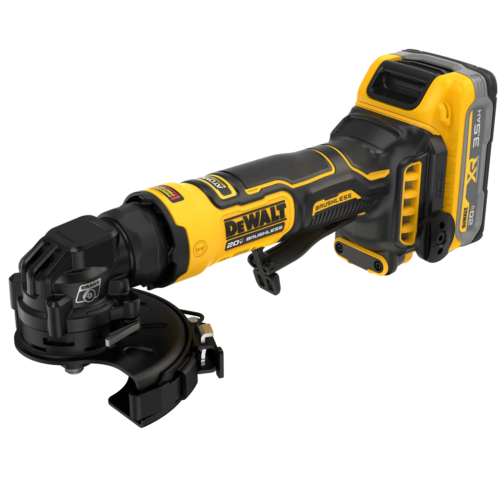 A DEWALT cordless handheld power tool with a yellow and black design, featuring a brushless motor and a 20V lithium-ion battery. The tool appears to be an angle grinder with a protective guard.