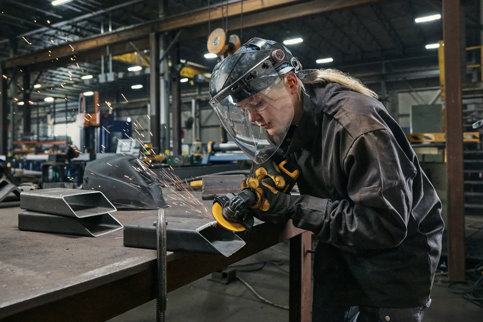A person wearing protective gear uses a DEWALT DCG400 angle grinder to cut or grind metal pieces on a workbench in an industrial workshop. Sparks are visible, and the environment features various tools and equipment.