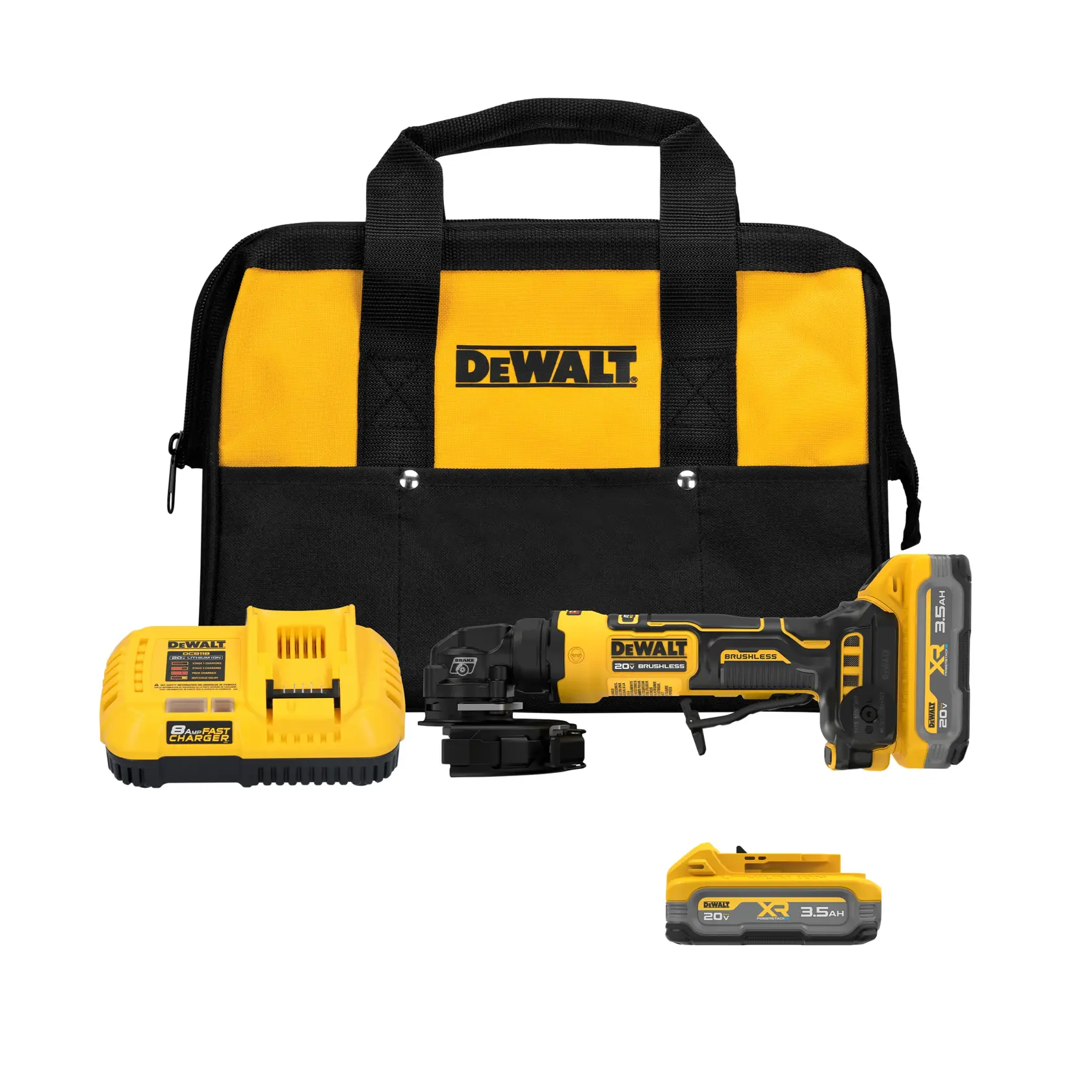 DEWALT cordless power tool kit including a yellow and black oscillating multi-tool, two 20V XR batteries, a charger, and a carrying bag.