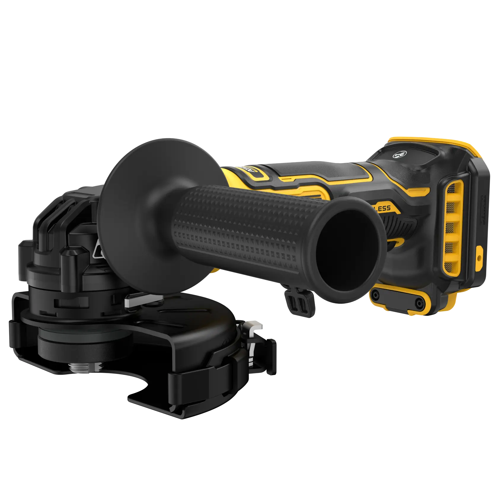 A close-up view of a DEWALT cordless angle grinder with a black and yellow handle, shown without a grinding disc attached.