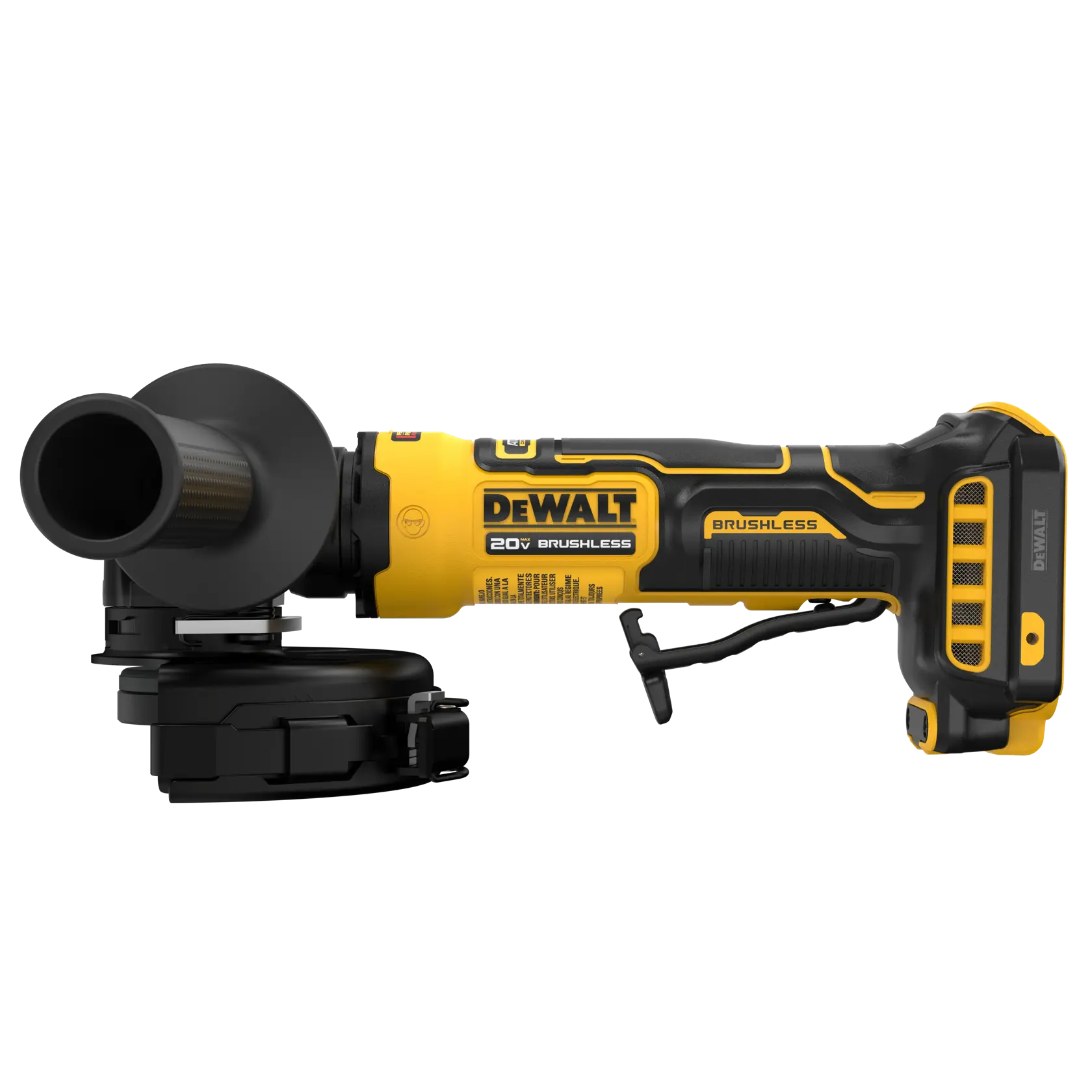 A DEWALT 20V brushless cordless angle grinder with a yellow and black design, shown from the side.