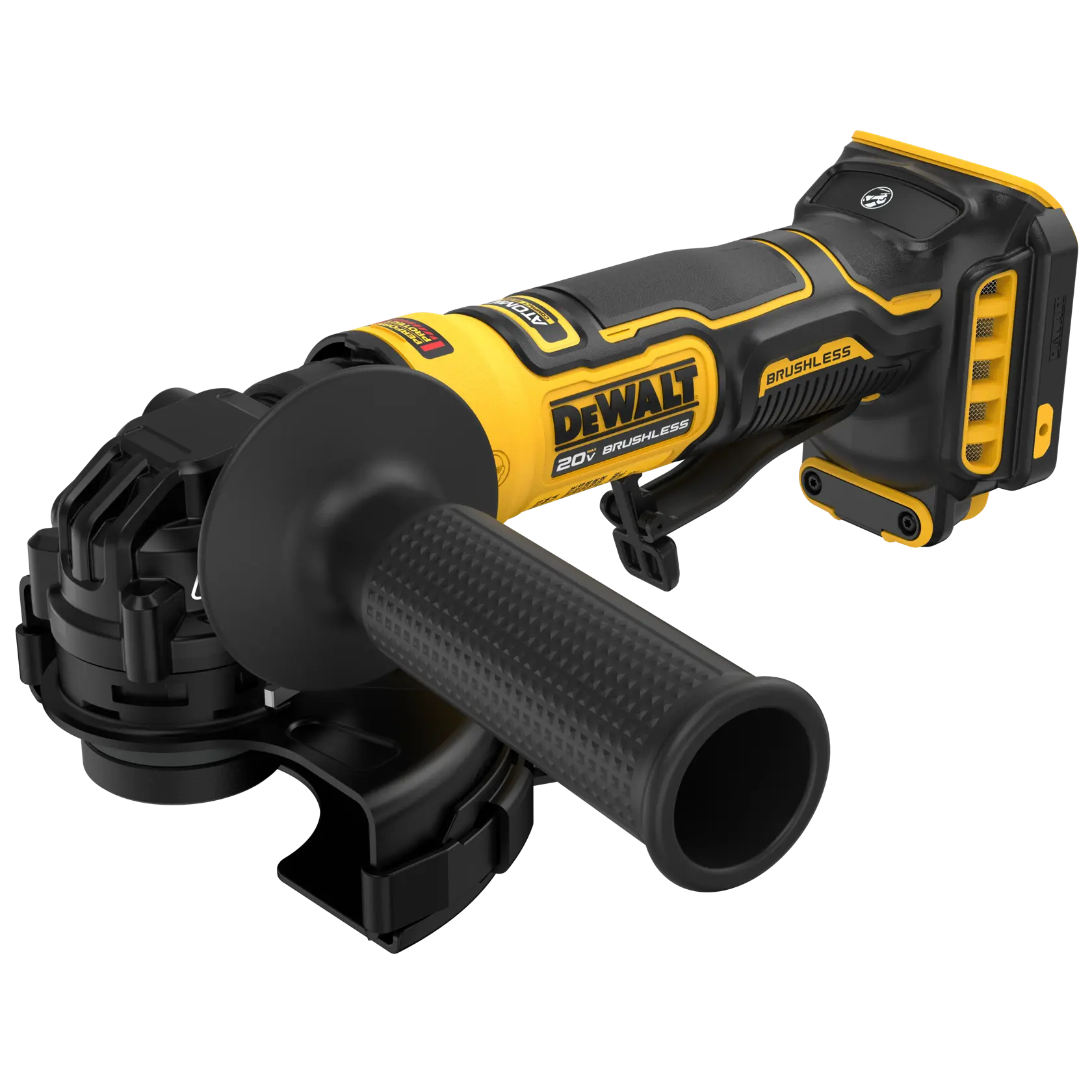 A DEWALT 20V brushless cordless angle grinder, shown in a close-up view with a yellow and black design, featuring a side handle and battery pack attached.