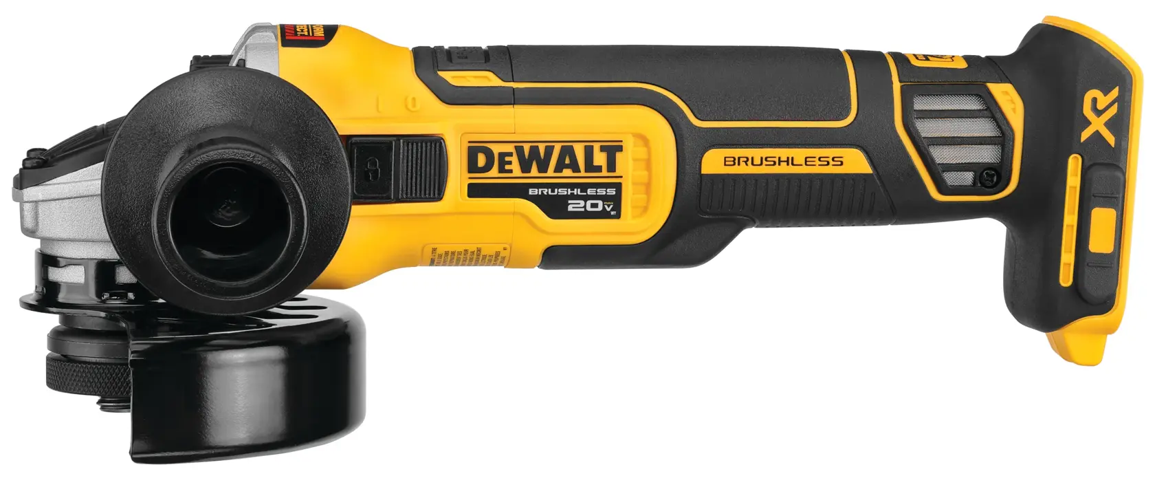 Cordless DEWALT 20V brushless angle grinder, black and yellow, model DCG405B.