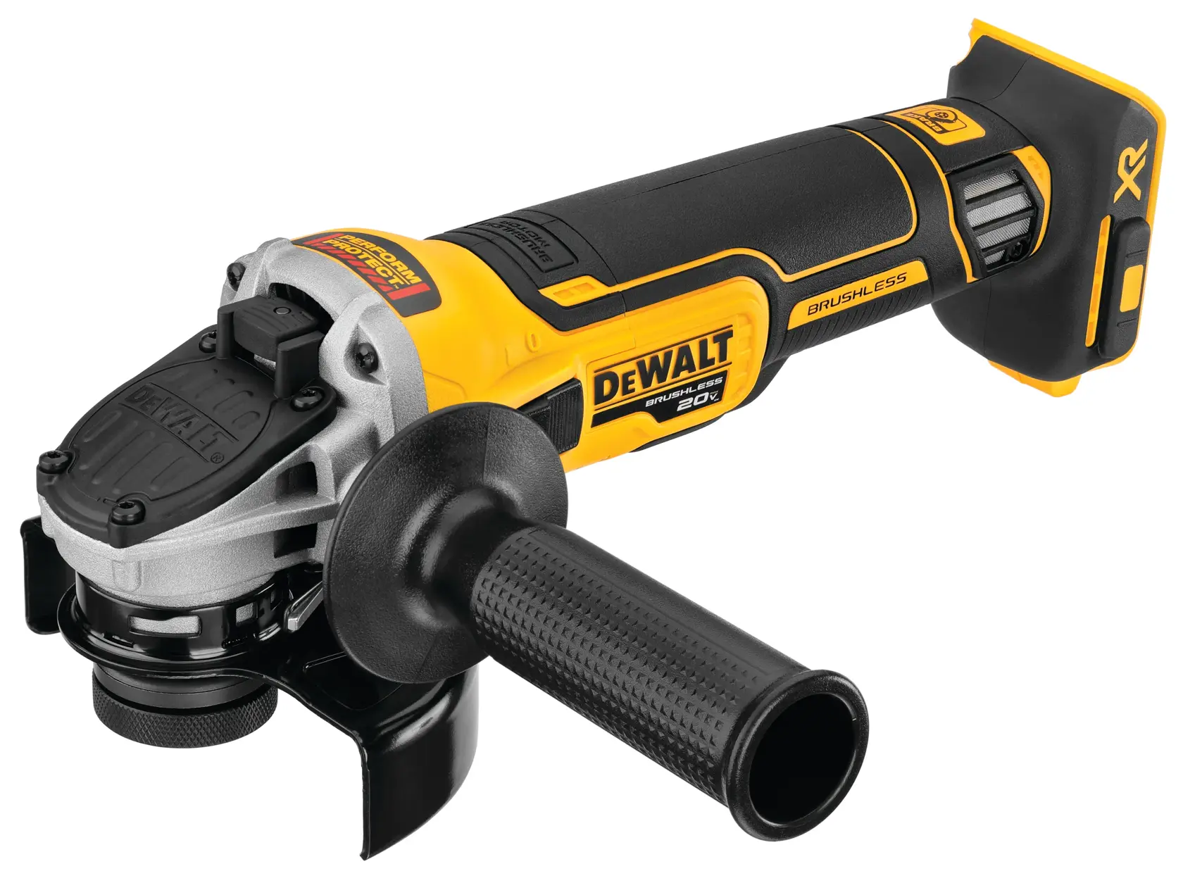 A DEWALT cordless angle grinder featuring a brushless motor, ergonomic grip, and yellow-black design. The tool appears without a battery attached.