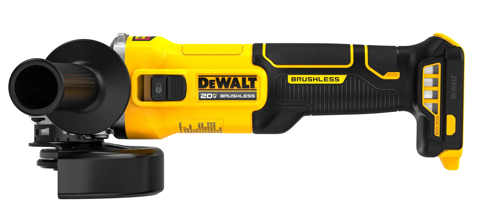 A DEWALT 20V brushless cordless angle grinder, shown in a side view with a yellow and black design, featuring a side handle and guard.